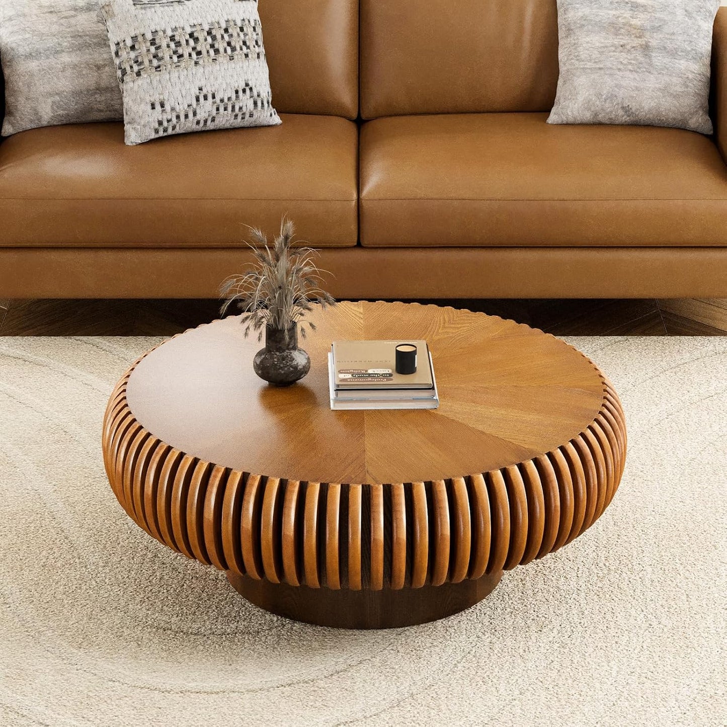 31" Brown Round Drum Wood Fluted Coffee Table (D, 1PC) | For Living Room, Wooden Grooves, Circle Pedestal Center Table, Farmhouse Modern Style, For Small Spaces, Easy Assembly