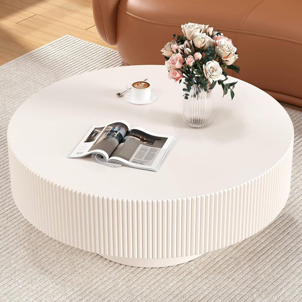 31'' Cream White Round Drum Coffee Table