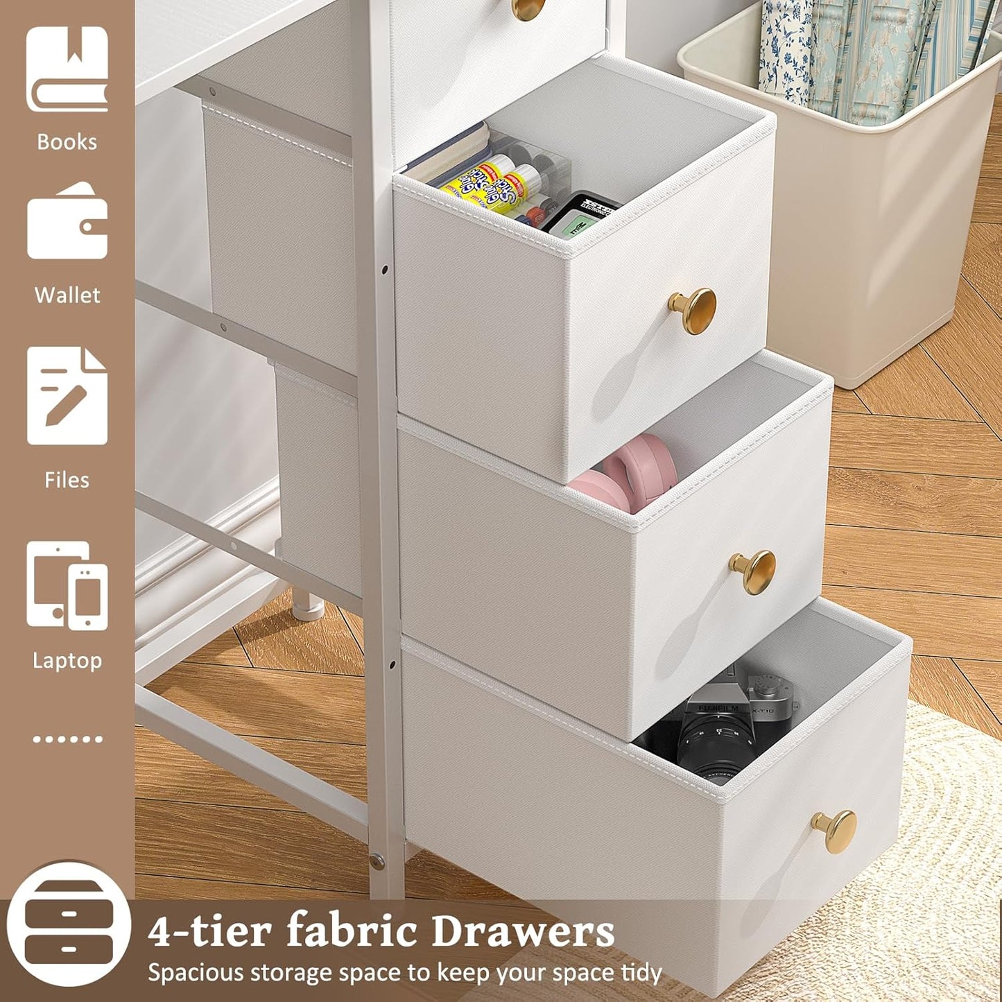 Small White Desk with Drawers for Bedroom, 35.4 Inch Kids Girls Teens Student Writing Desk with Storage, Reversible Study Table, White Computer Desk for Home Office, Makeup Vanity Desk for Small Space