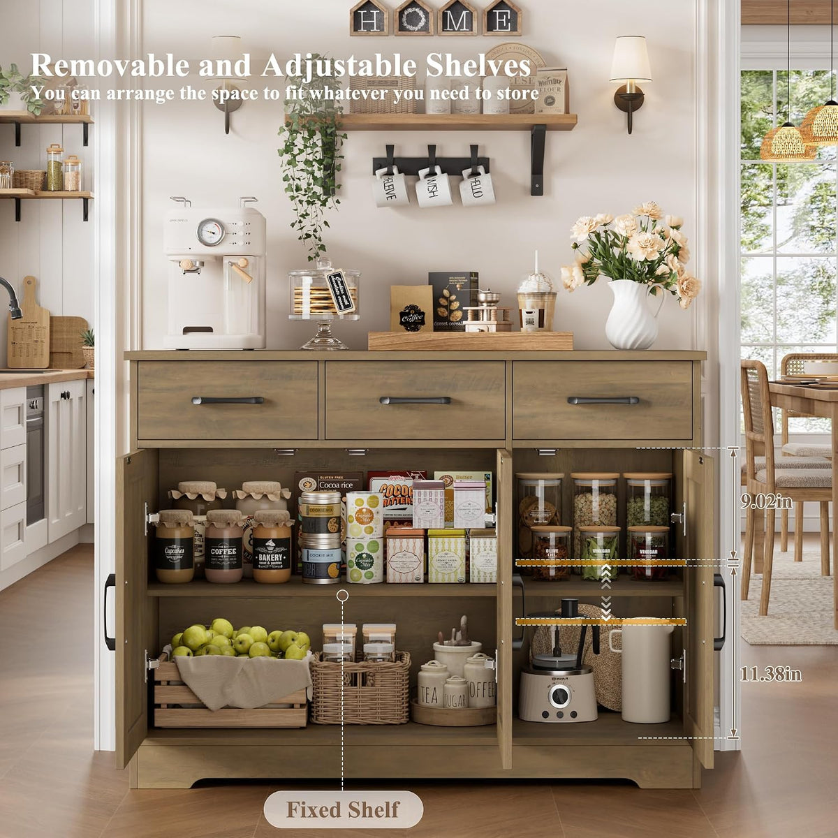 HOSTACK Kitchen Buffet Cabinet with Storage, Sideboard Coffee Bar, Brown | Farmhouse Kitchen Storage Cabinet with 3 Drawers & Adjustable Shelf, 42.5"W Buffet Table for Dining Living Room