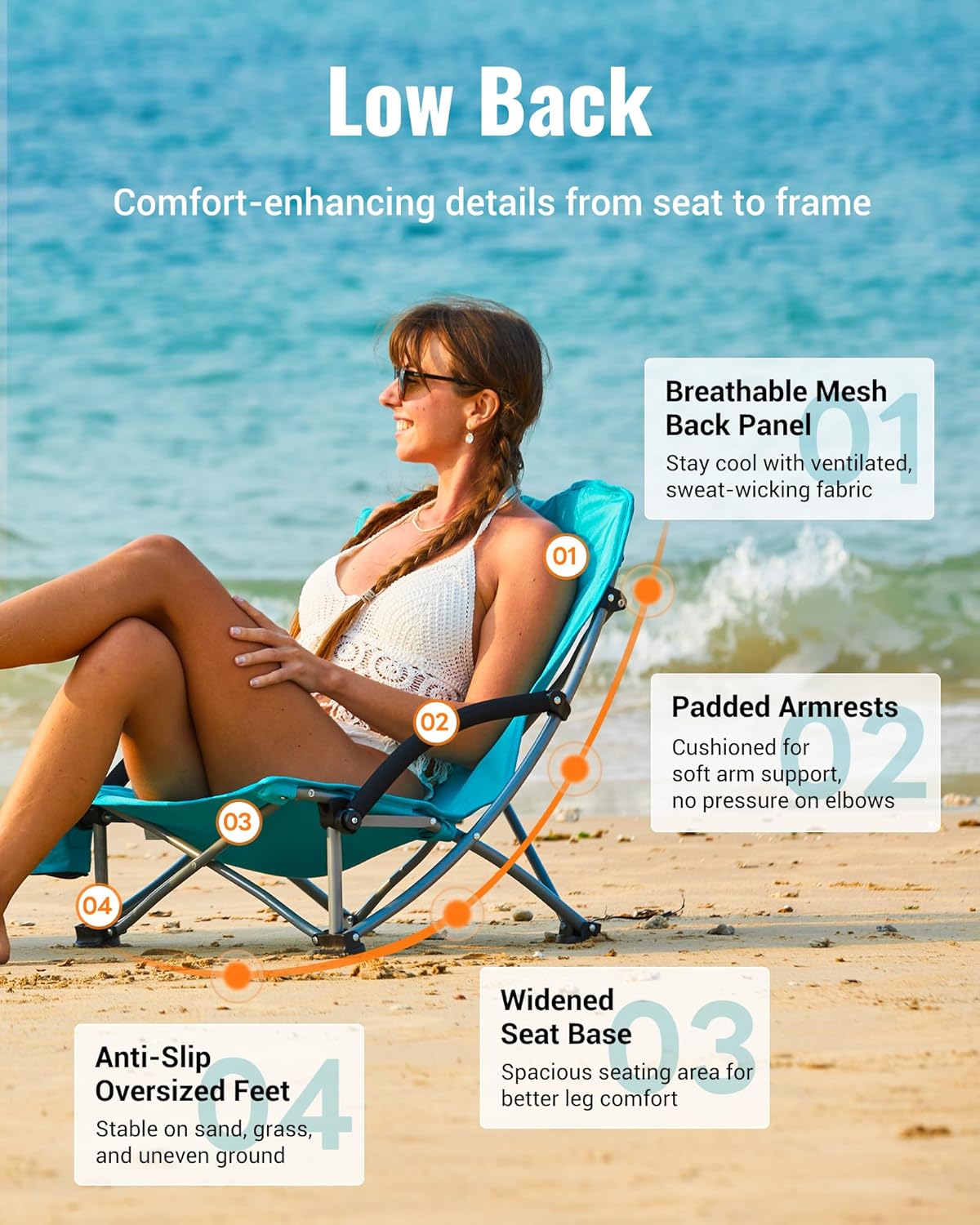 KingCamp Low Beach Chair, High Back Folding Camping Chair for Adults, Oversized Breathable Mesh Seat, 300lbs Heavy Duty Portable Chair with Cup Holder & Storage Pockets for Beach, Outdoor