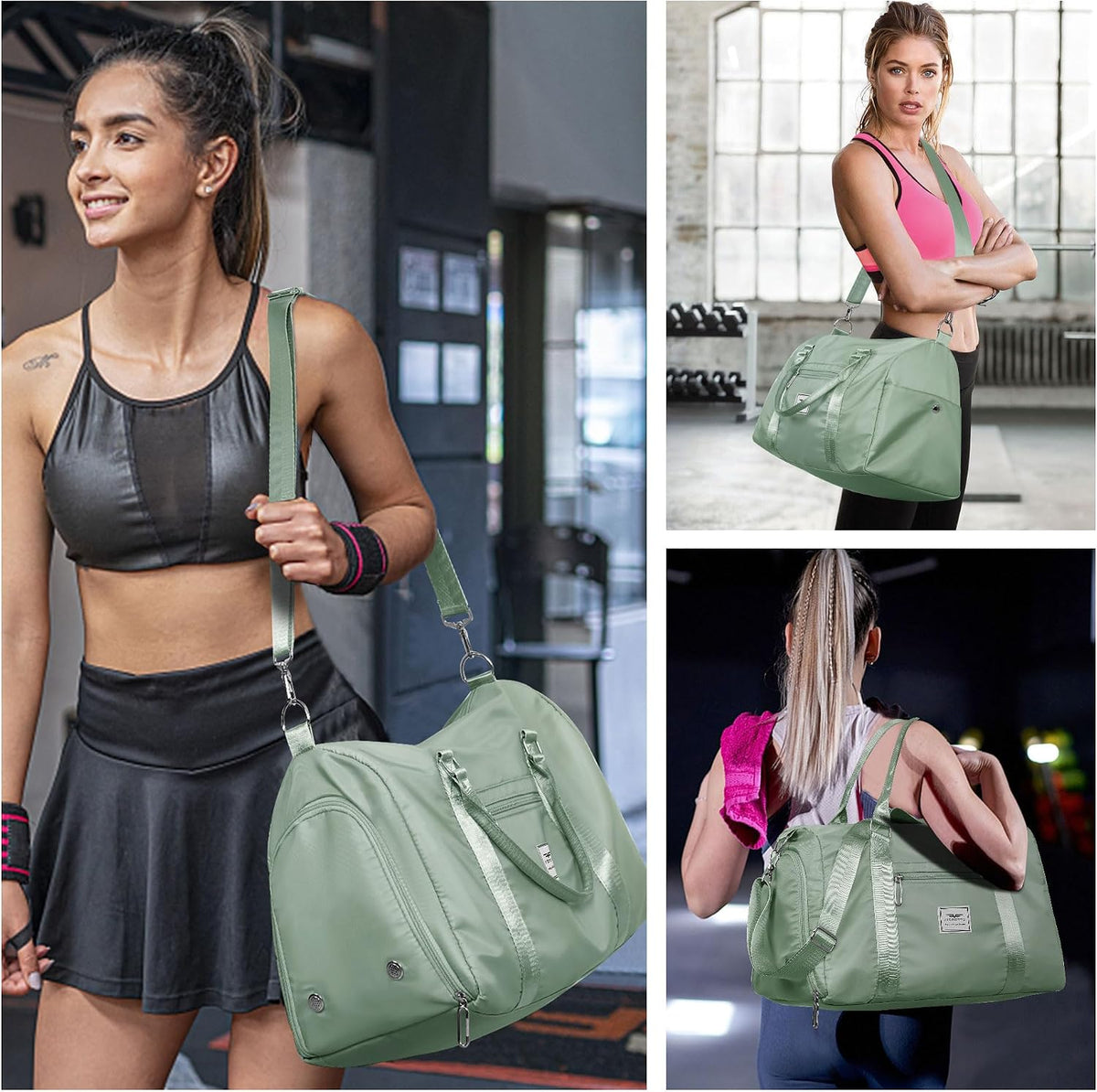 FIORETTO Womens Gym Tote Duffle Bag with Wet Pocket & Shoe Compartment, Sports Duffel Overnight Weekender Hospital Workout Carry on Bag for Girls, Ideal for Travel, Swimming, Dance, Ballet Celadon