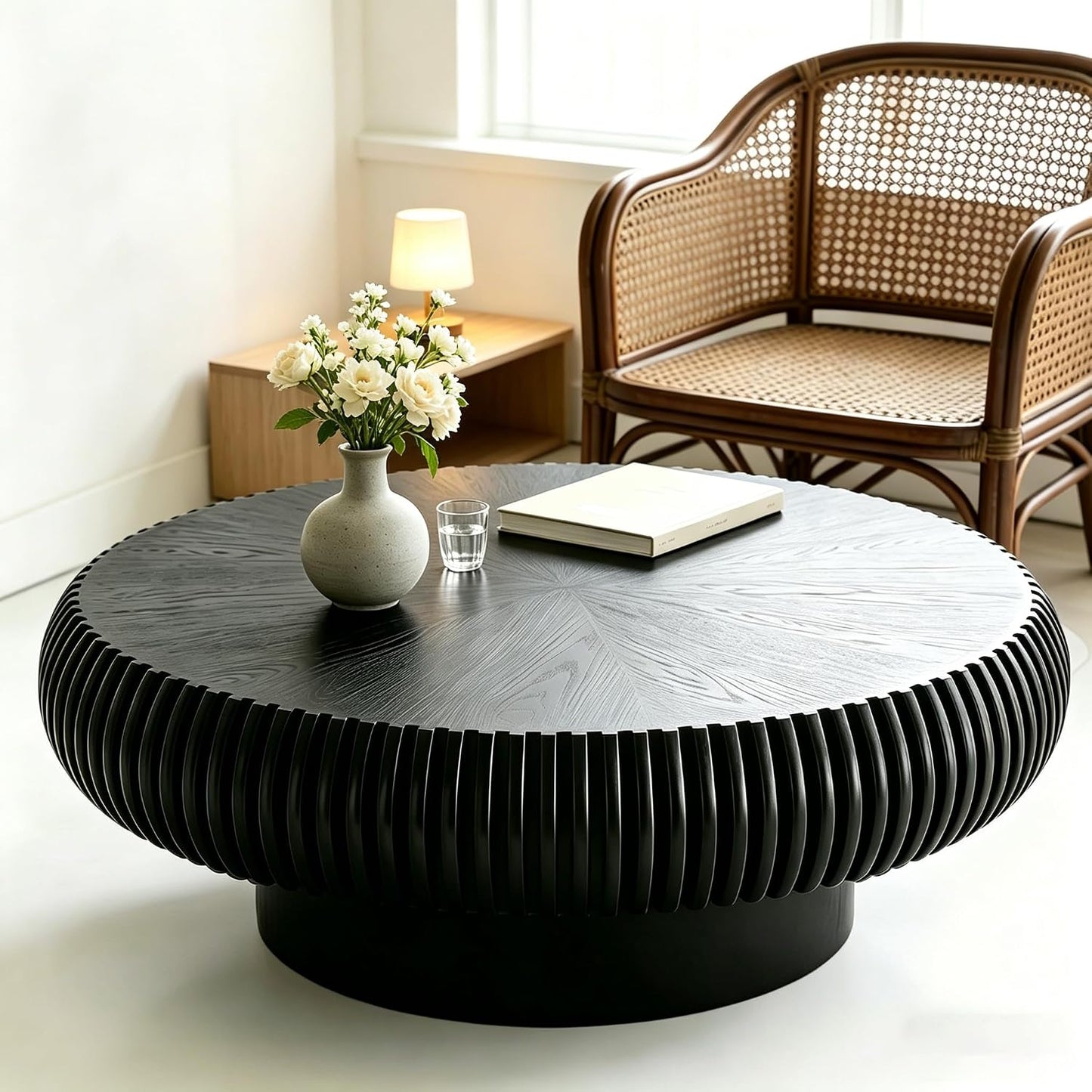 39 inch Black Round Fluted Wood Drum Coffee Table (K, 1PC) | Wood Veneer Tabletop & Base, Non-Slip Base Pads, For Living Room, Mid Century Modern Style, For Small Spaces, Easy Assembly