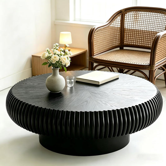 39 inch Black Round Fluted Wood Drum Coffee Table (K, 1PC) | Wood Veneer Tabletop & Base, Non-Slip Base Pads, For Living Room, Mid Century Modern Style, For Small Spaces, Easy Assembly