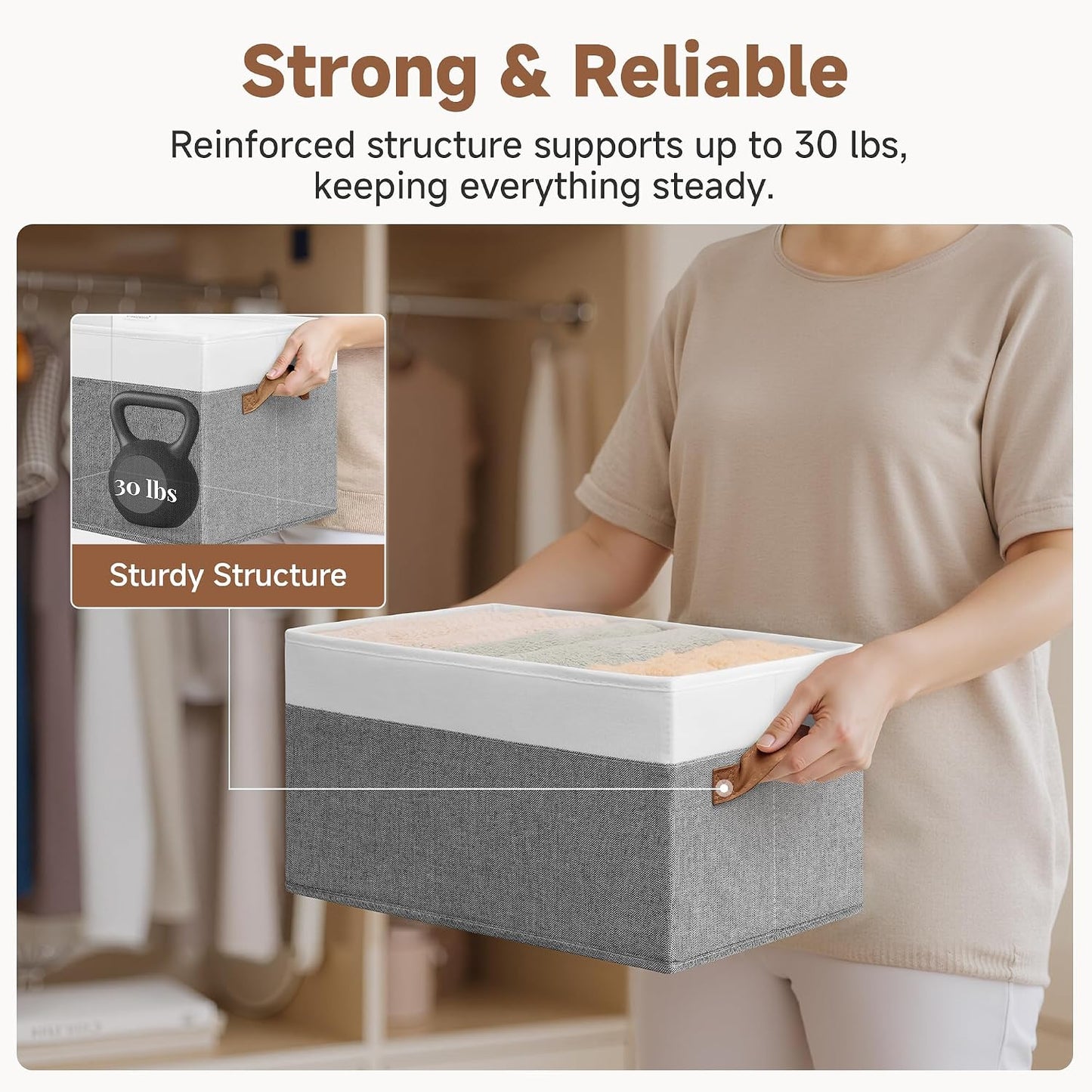 StorageWorks Closet Storage Bins, Gray&White, Large, 3-Pack | Fabric Shelf Baskets, Closet Organizers and Storage Basket, Foldable Storage Bins for Shelves, Clothes Storage Bins