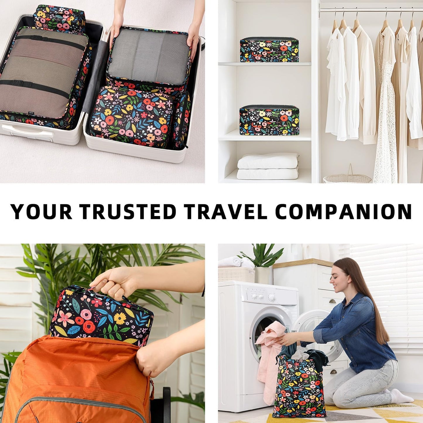 BAGAIL 8 Set Packing Cubes Luggage Packing Organizers for Travel Accessories-Black Floral