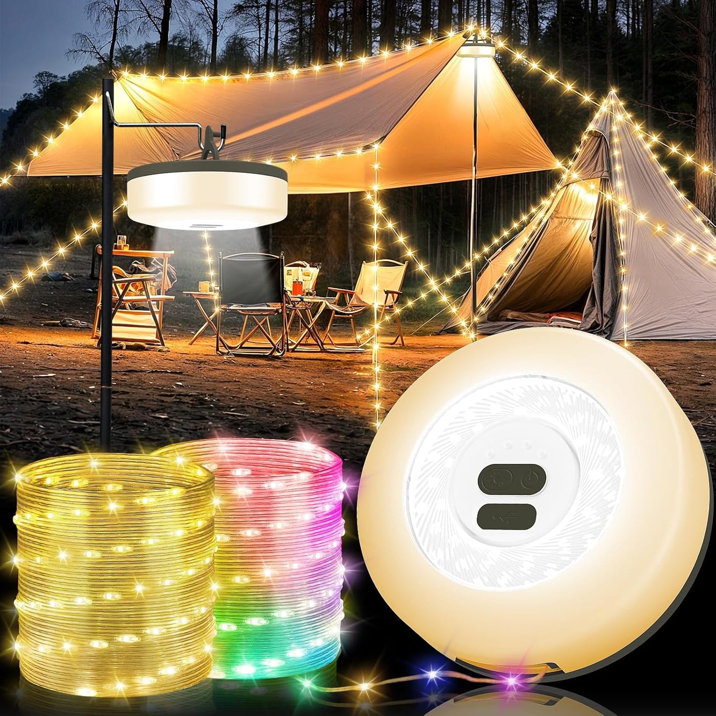 Camping String Lights, 4 in 1 Quick Storage 32.8FT Rechargeable Tent Lights with 9 Lighting Modes, Hanging Waterproof Portable LED Lamp for Outdoor Patio Awning Garden Party Camping Essentials Gear