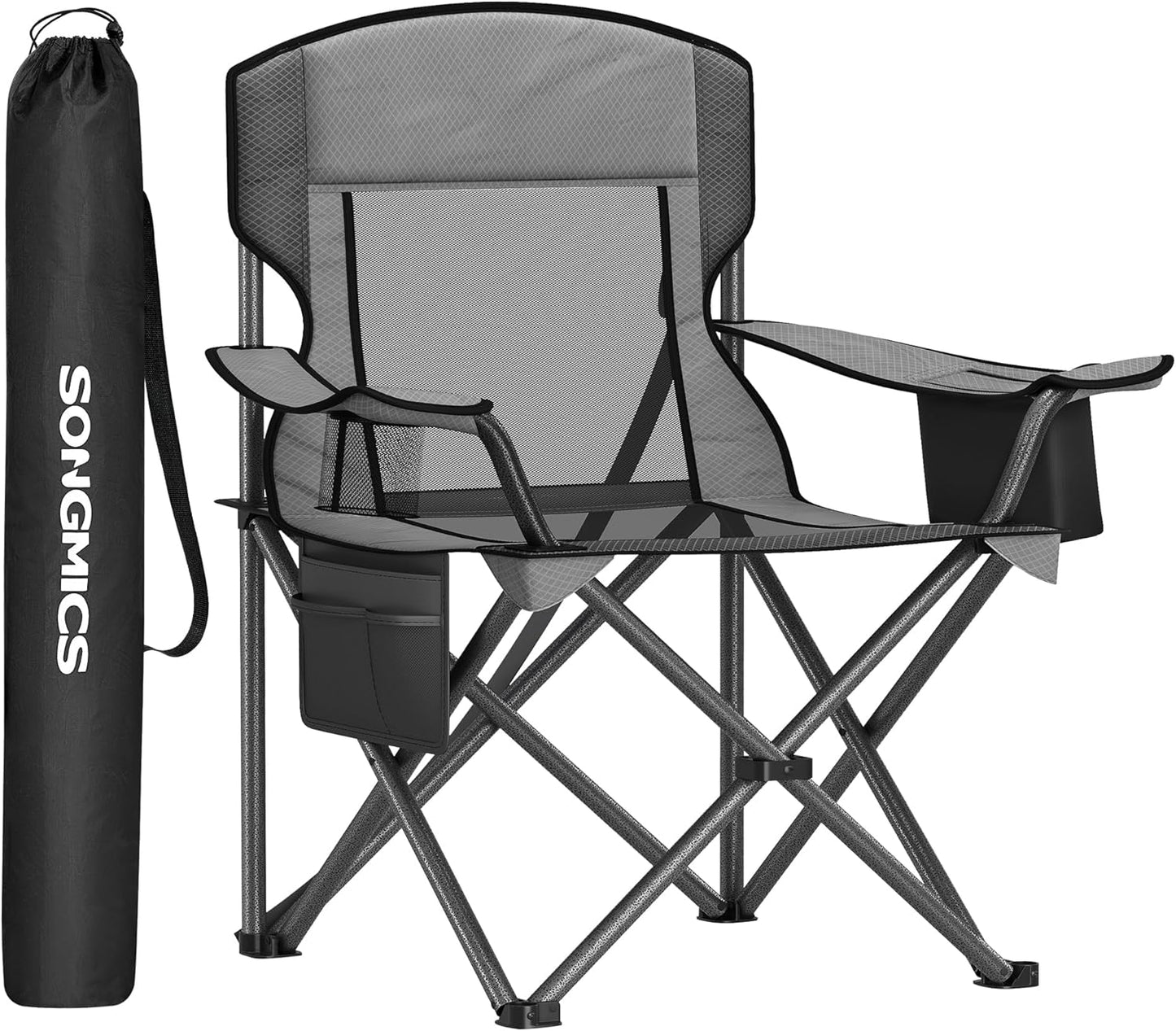 SONGMICS Camping Chair, Folding Oversized Chair, Comfortable and Heavy-Duty, 352 lb Weight Capacity, Adjustable Armrests with Cooler Bag, Storage Bag, Breathable Mesh, Slate Gray UGCB060G01
