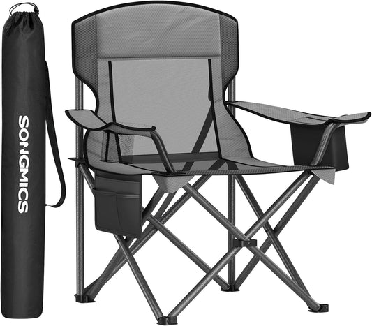 SONGMICS Camping Chair, Folding Oversized Chair, Comfortable and Heavy-Duty, 352 lb Weight Capacity, Adjustable Armrests with Cooler Bag, Storage Bag, Breathable Mesh, Slate Gray UGCB060G01