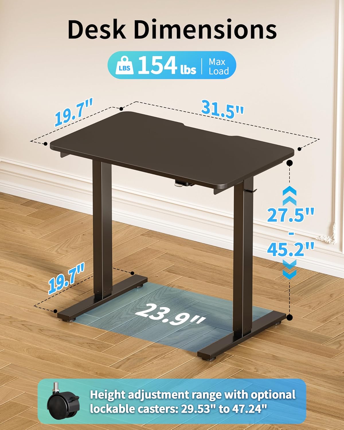 Okin Electric Standing Desk 31.5x19.7 Inches Small Computer Desk-Whole Piece Stand up Desk with Wheels Gaming Rolling Home Office Desks, Black