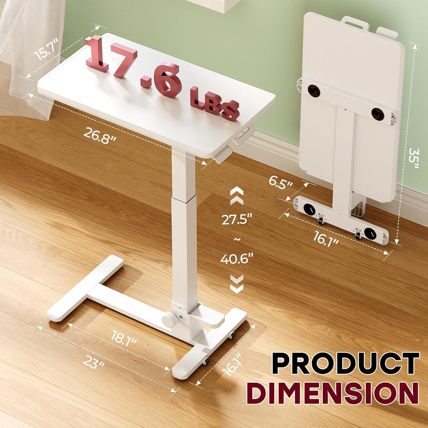 Foldable Mobile Standing Desk, 27 Inch Small Rolling Laptop Cart Height Adjustment, 90° Tiltable Bedside Table, No Assembly Needed Portable Computer Workstation, White