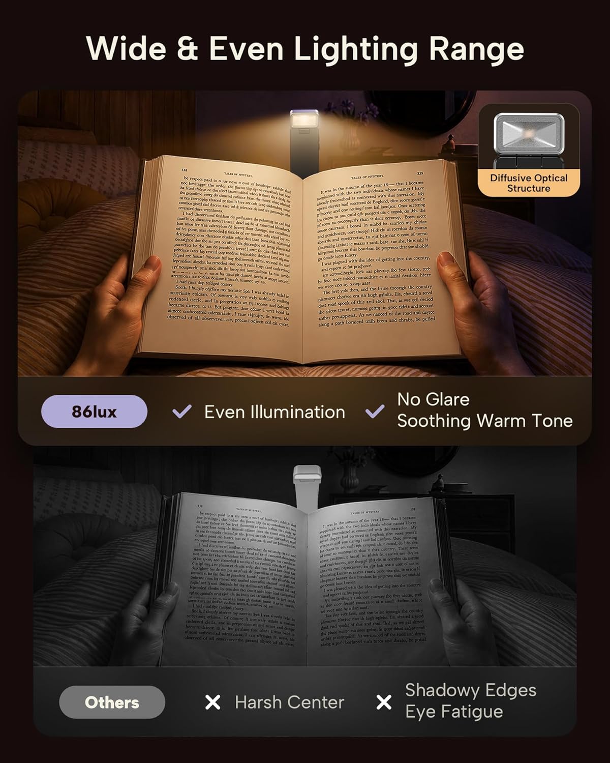 86lux Book Light, Rechargeable Clip-On LED Reading Light for Bed & Night Use - 3 Color Temperatures with Stepless Dimming, Ultralight Bookmark Design for Kids, Book Lovers, Purple