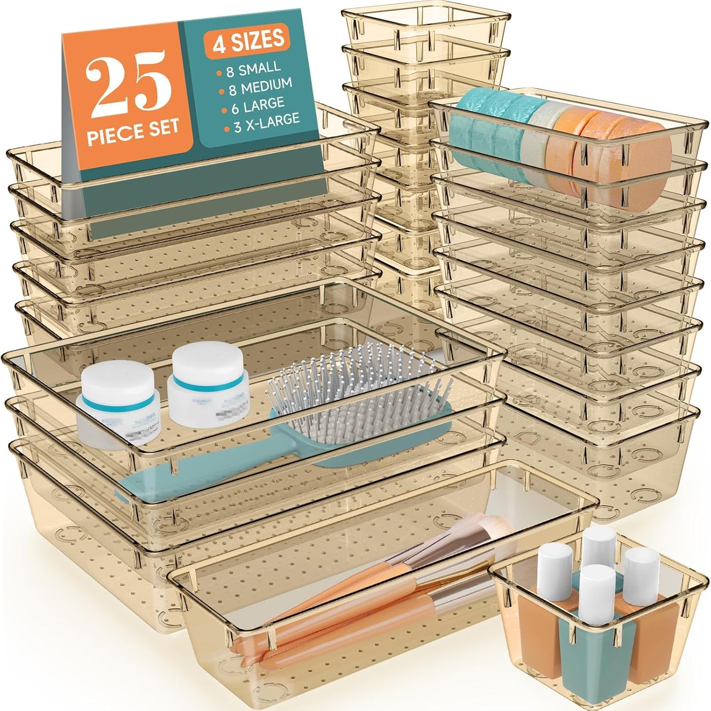 WOWBOX 25 PCS Plastic Drawer Organizer Set, 4 Sizes Desk Drawer Divider Organizers and Storage Bins for Makeup, Jewelry, Gadgets for Kitchen, Bedroom, Bathroom, Office, Clear Champagne