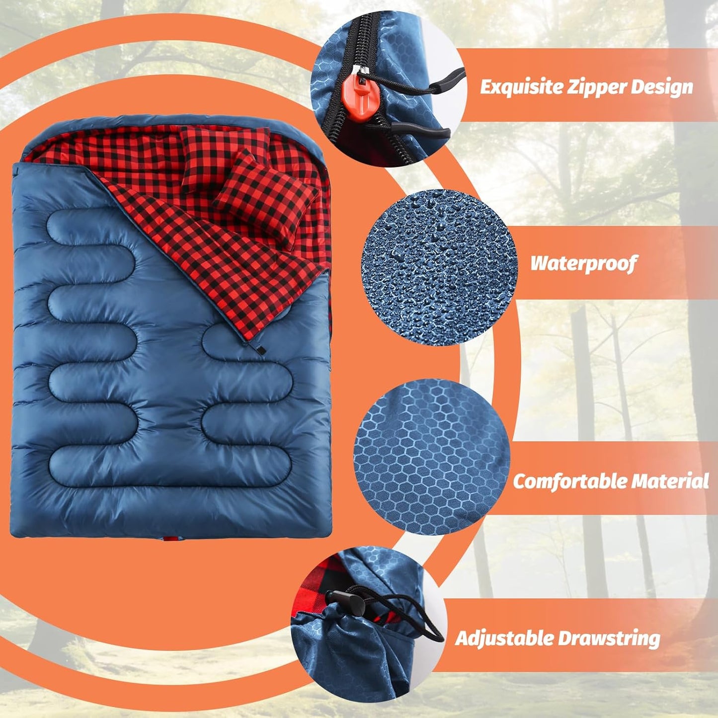 Swtmerry Double Sleeping Bag for Adults with 2 Pillows, Big&Tall XL Queen Size Sleeping Bag for 2 Person, Waterproof 2 Person Sleeping Bags for 3 Seasons,Cold Weather&Warm,Camping,Hiking & Backpacking