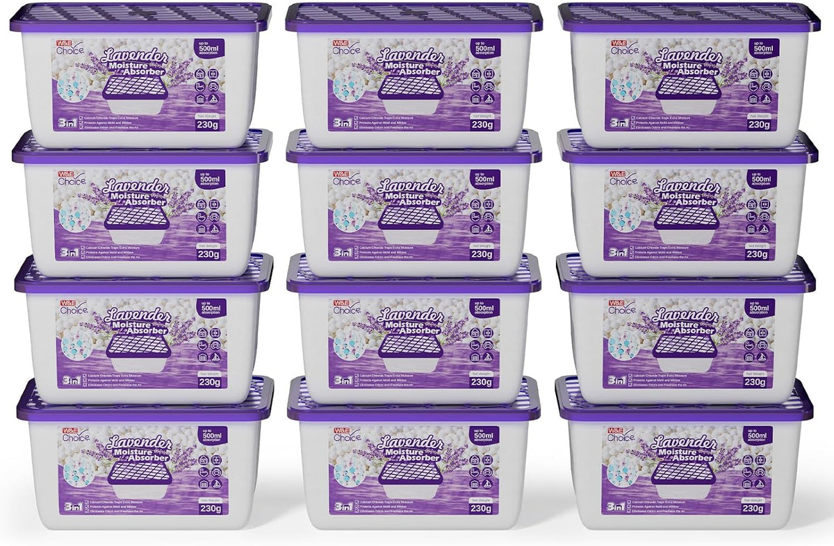 W&E Choice Moisture Absorbers with Lavender Scent, Portable Dehumidifier for Closet & Bathrooms, Kitchen, Humidity Absorber Odor Eliminator Absorber, 12Pack