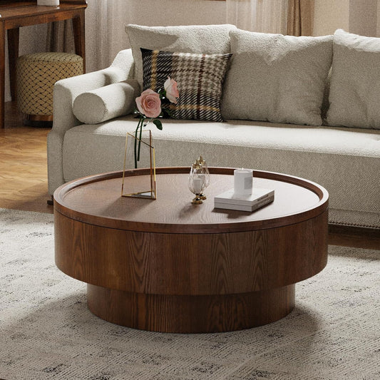 30.7" Round Coffee Table with Storage (Circle Storage Table 30.7in) | Modern Stylish Circle Storages Coffee Table with Solid Wood Veneered | for Living Room Study Balcony Farmhouse