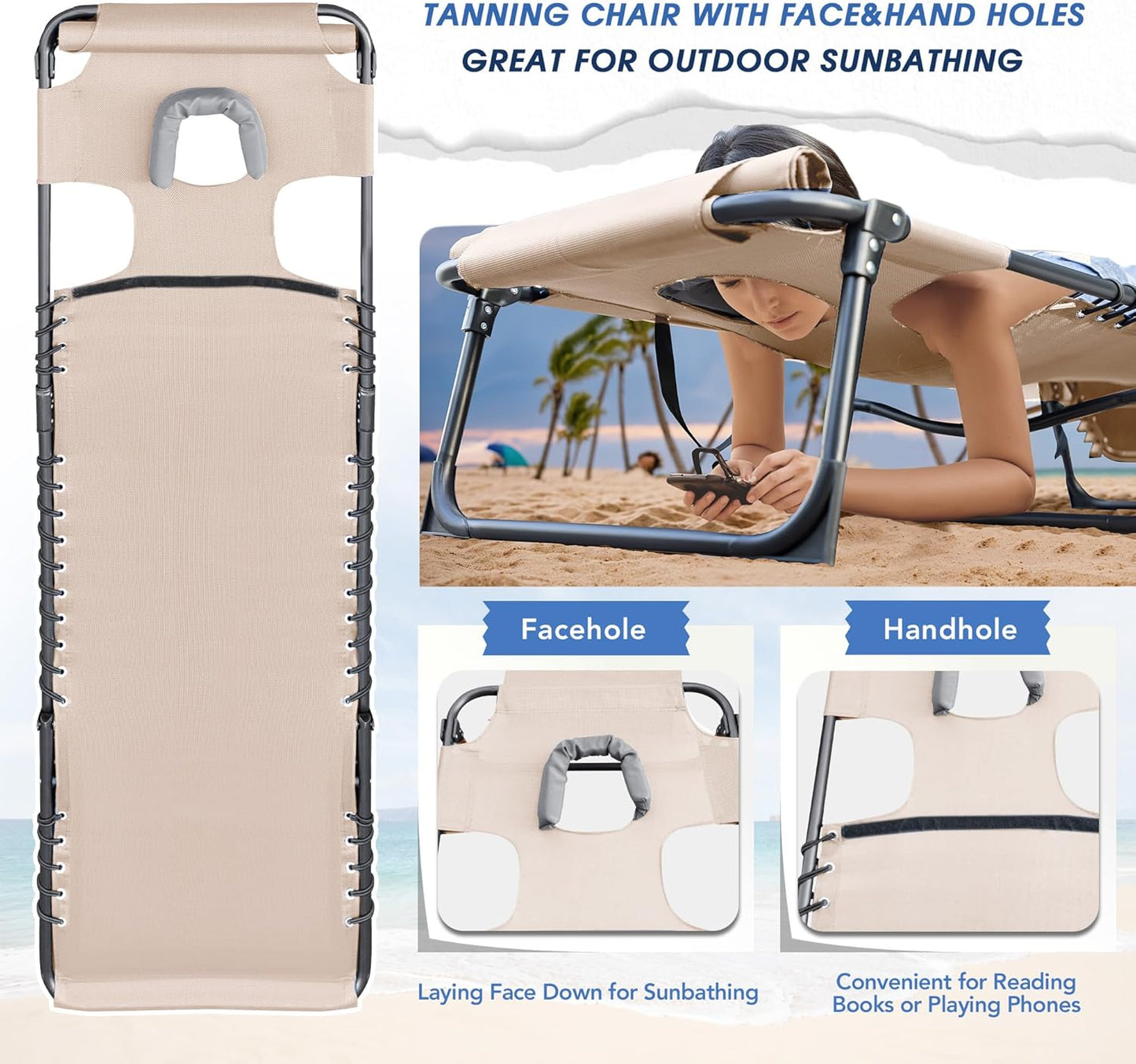 Flamaker Face Down Chaise Lounge Chair 5-Position Adjustable Sunbathing, Foldable Tanning Chair with Face& Arm Holes, Outdoor Recliner Chair for Pool, Beach, Patio, Lawn (Beige, 1 Pcs)