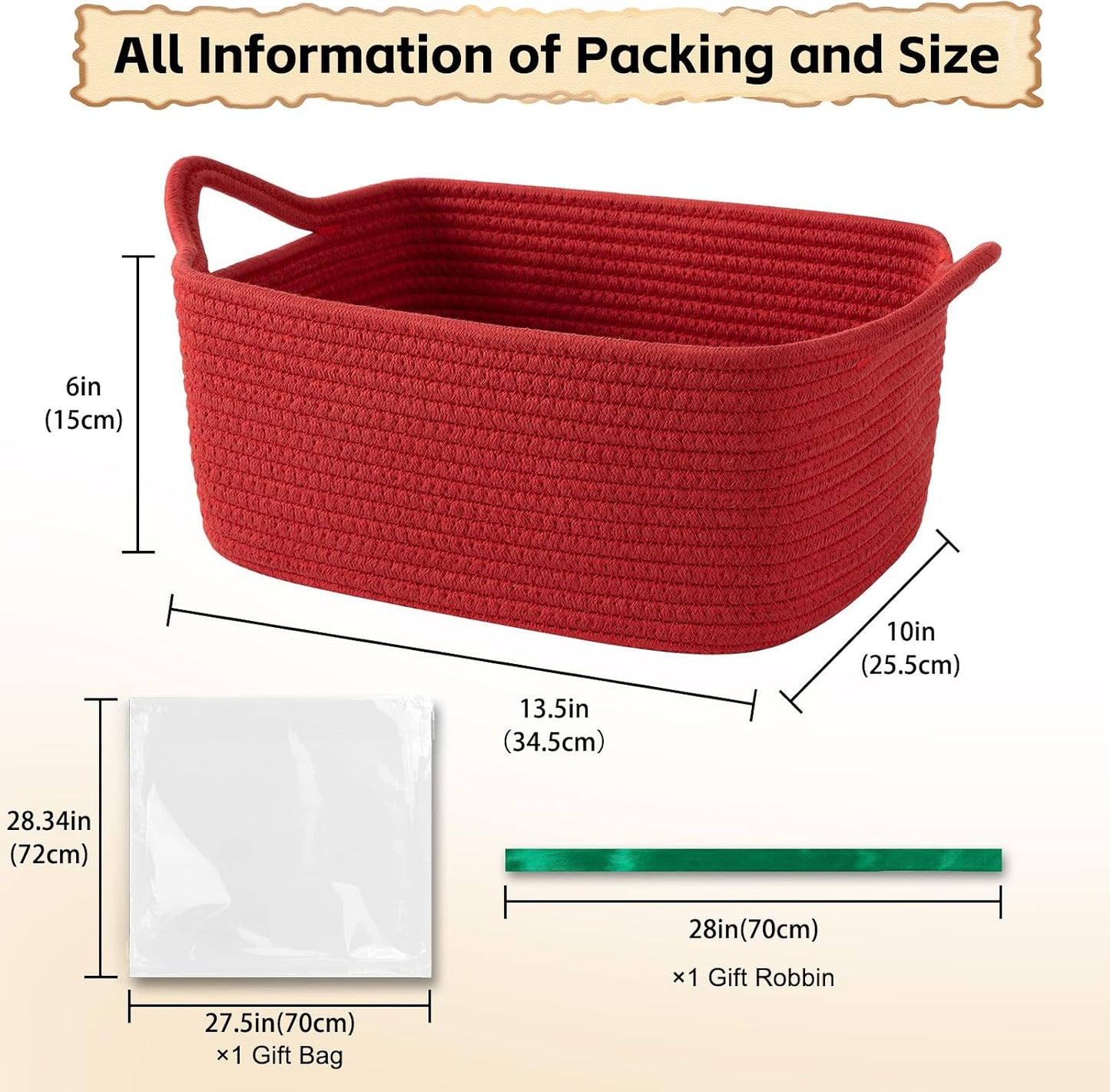 OIAHOMY Woven Basket, Gift Basket Empty with Gift Bags and Ribbons, Rope Baskets for Baby Showers, Storage Baskets with Handles for Nursery, Pet Toy Organizer - Red
