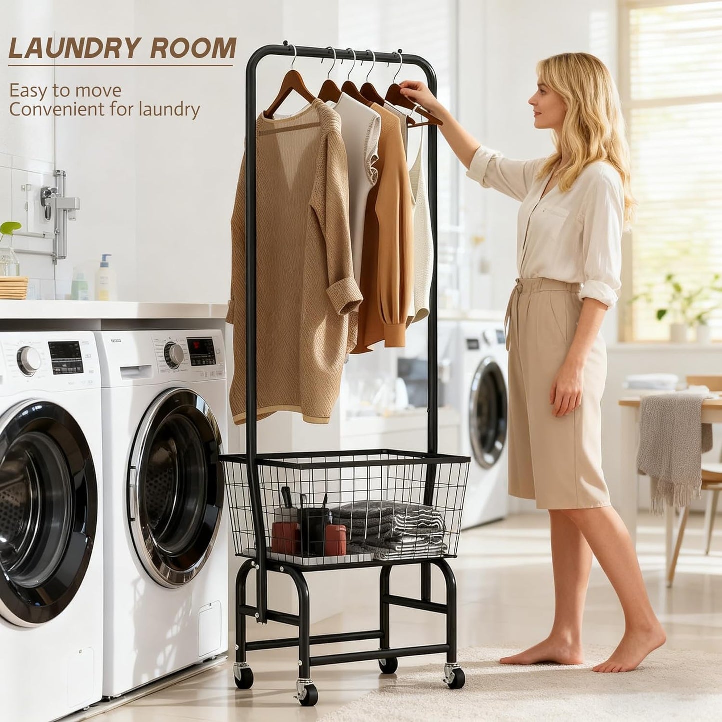 ALIMORDEN Laundry Cart with Clothes Rack, Rolling Laundry Butler with Wire Storage Rack，Black