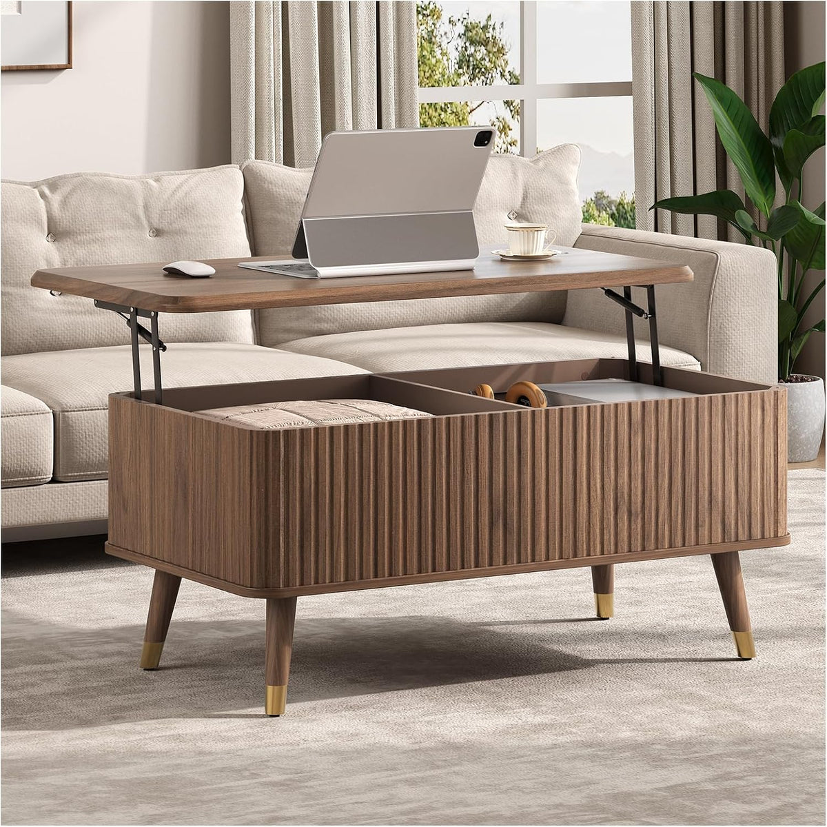 JOINICE Walnut Lift Top Coffee Table with Storage for Living Room,38"