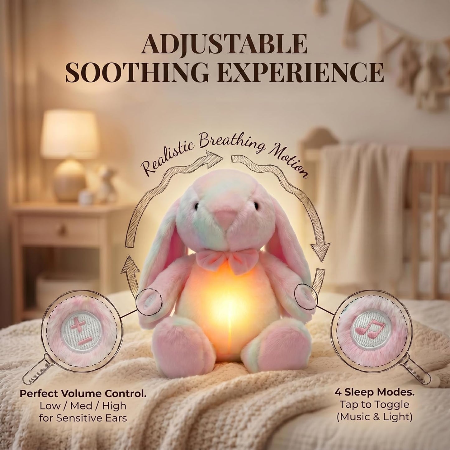 Breathing Bunny Stuffed Animal, 17 Inch Rainbow Plush with Rhythmic Breathing Motion, Soft Light & Soothing Sounds, Calming Sleep Companion Gift for Kids, Girls & Adults