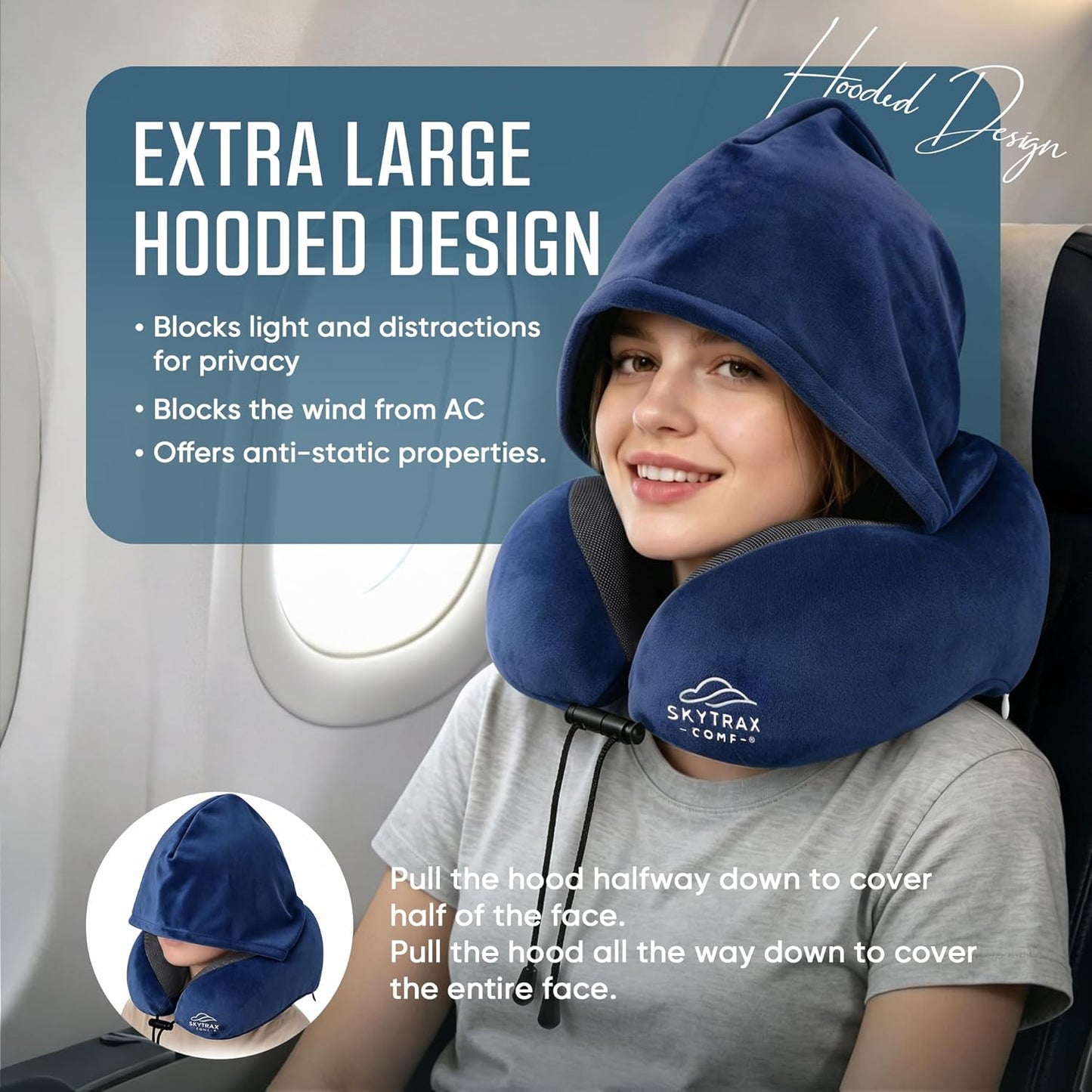 Travel Pillow with Extra Large Hood for Airplane Long Flights Privacy and Comfort Memory Foam with Velvet Cover for Road Trip Head&Neck Support for Plane Office Cars Sleeping & Rest (Navy Blue)