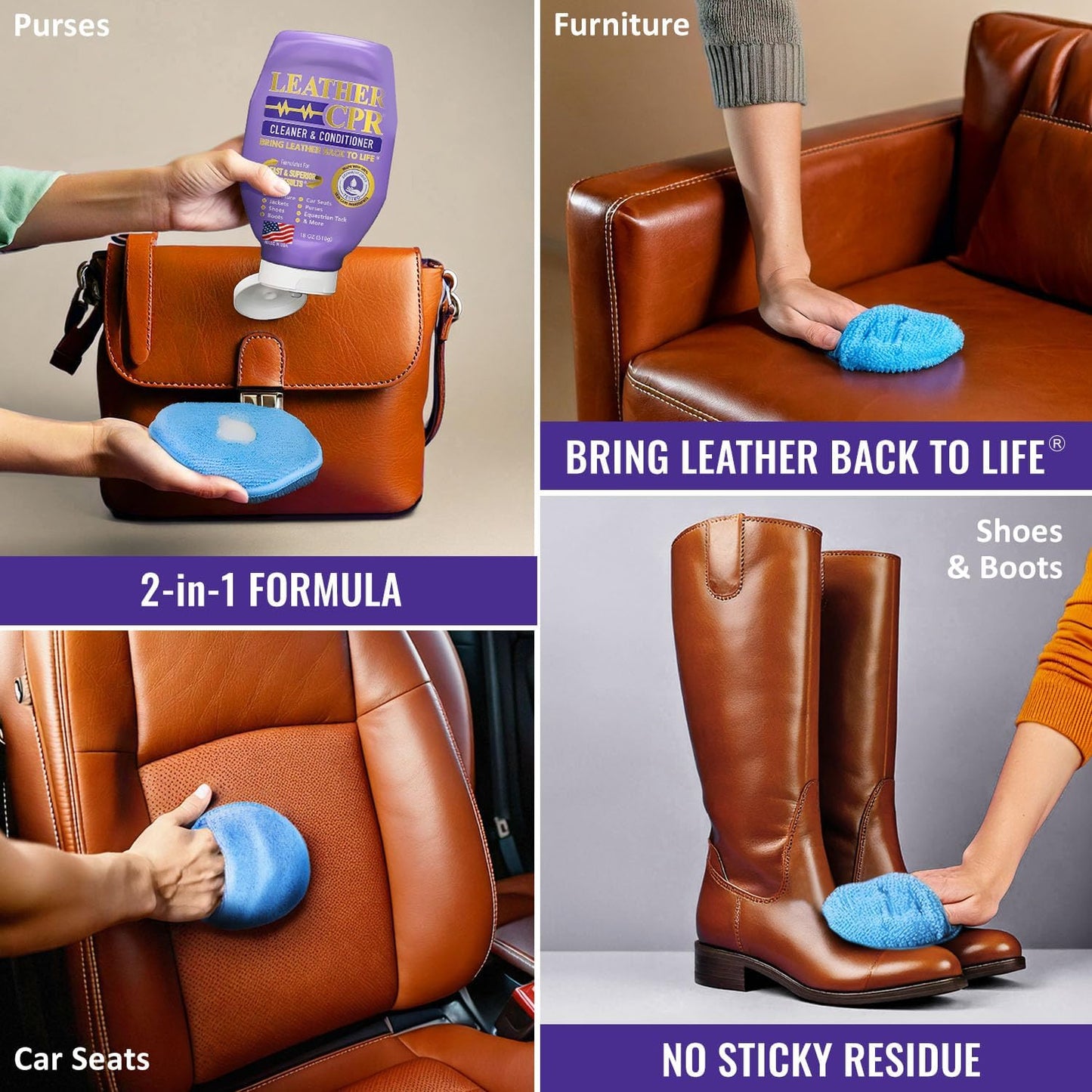Leather CPR Cleaner and Conditioner 18oz. Bring Leather Back To Life on Furniture, Car Seats, Handbags, Jackets, Boots, Saddles, Purses & Shoes. Restores Shine, Softness & Color to Real Leather