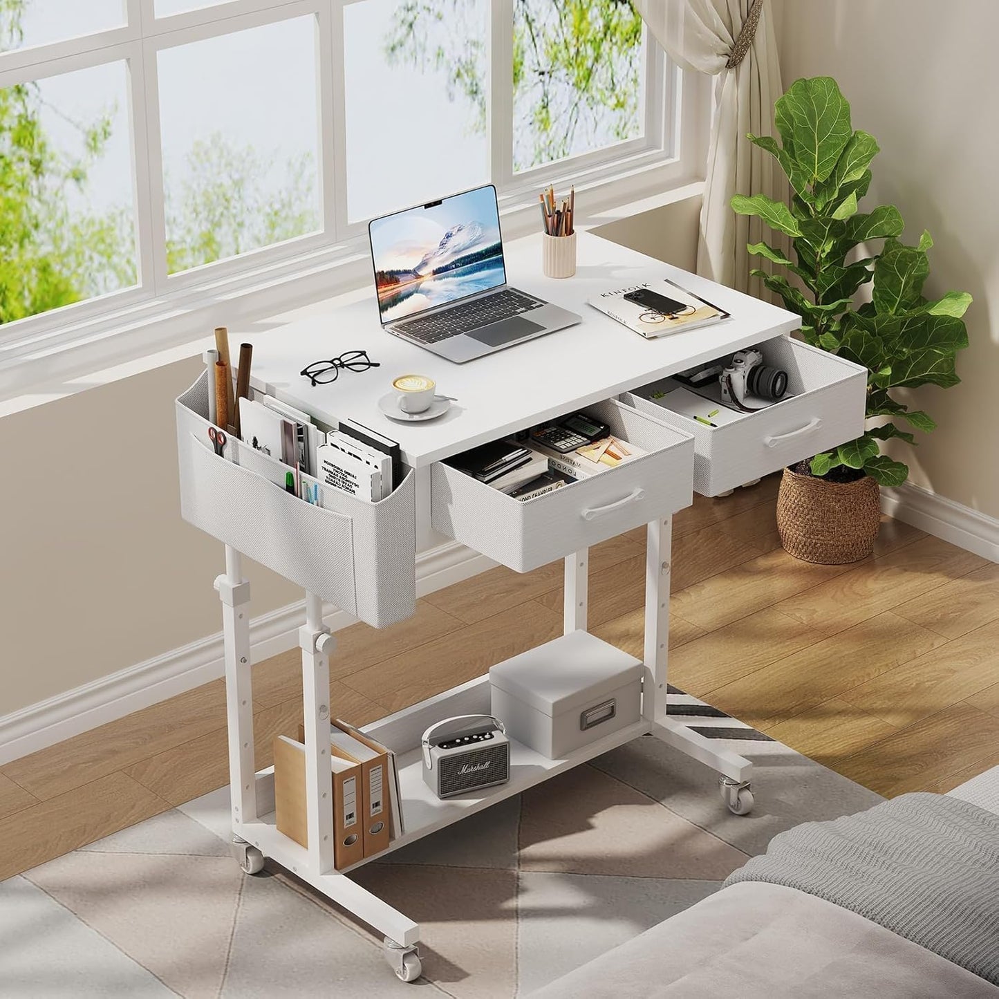 WINAZ Small Rolling Desk with Drawers & Storage - Mobile Workstation on Wheels for Teacher & Student, Adjustable Height Portable Standing Desk for Small Spaces, Compact Sewing & Crafting Table