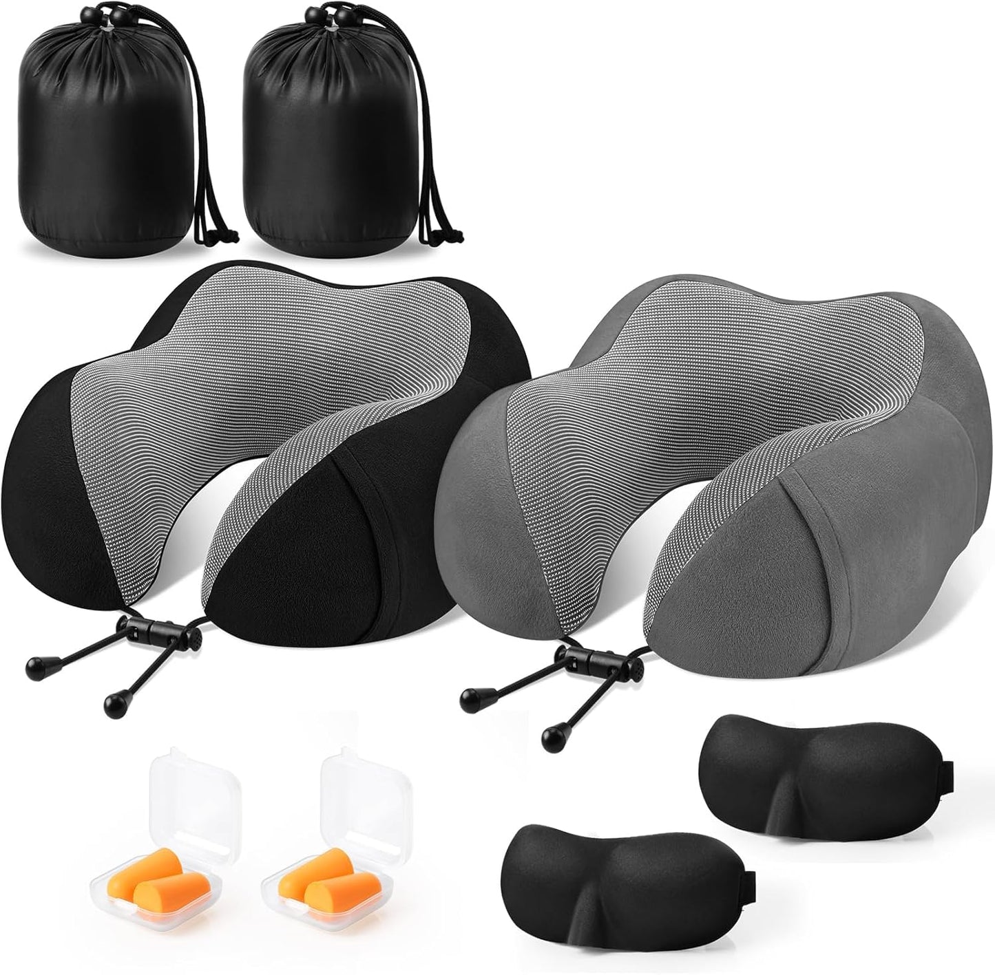 CloudBliss Travel Pillows for Airplane, Memory Foam Neck Pillows for Travel, Compact Neck Pillow for Long Flight, Car & Office, Plane Accessories with Eye Mask, Earplugs, Carry Bag, Black & Dark Grey