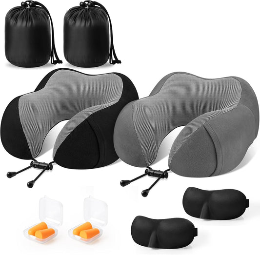 CloudBliss Travel Pillows for Airplane, Memory Foam Neck Pillows for Travel, Compact Neck Pillow for Long Flight, Car & Office, Plane Accessories with Eye Mask, Earplugs, Carry Bag, Black & Dark Grey