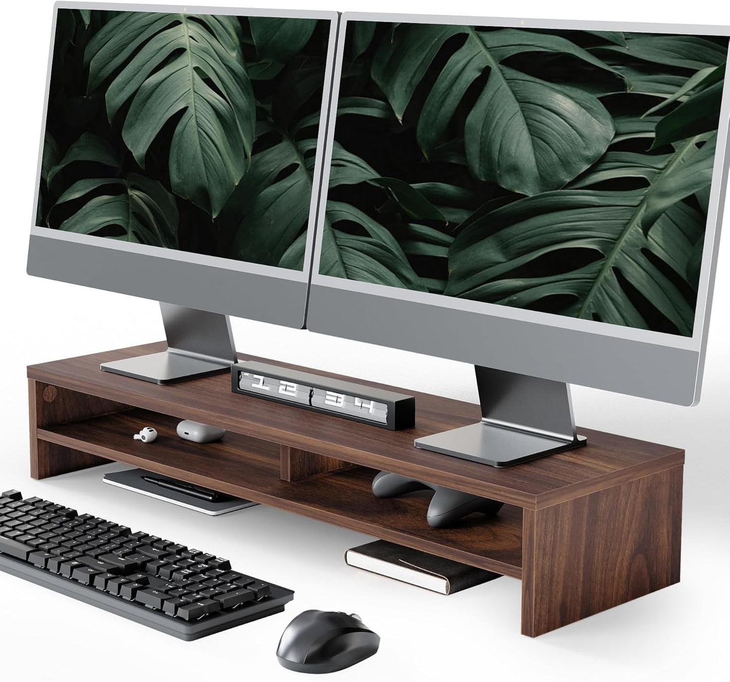 Fenge Monitor Stand, 31.5 Inch Computer Monitor Riser for Desk, 2 Tiers Wood Desk Shelf with Storage, Desktop Organizer for PC, Laptop, Screen, Printer