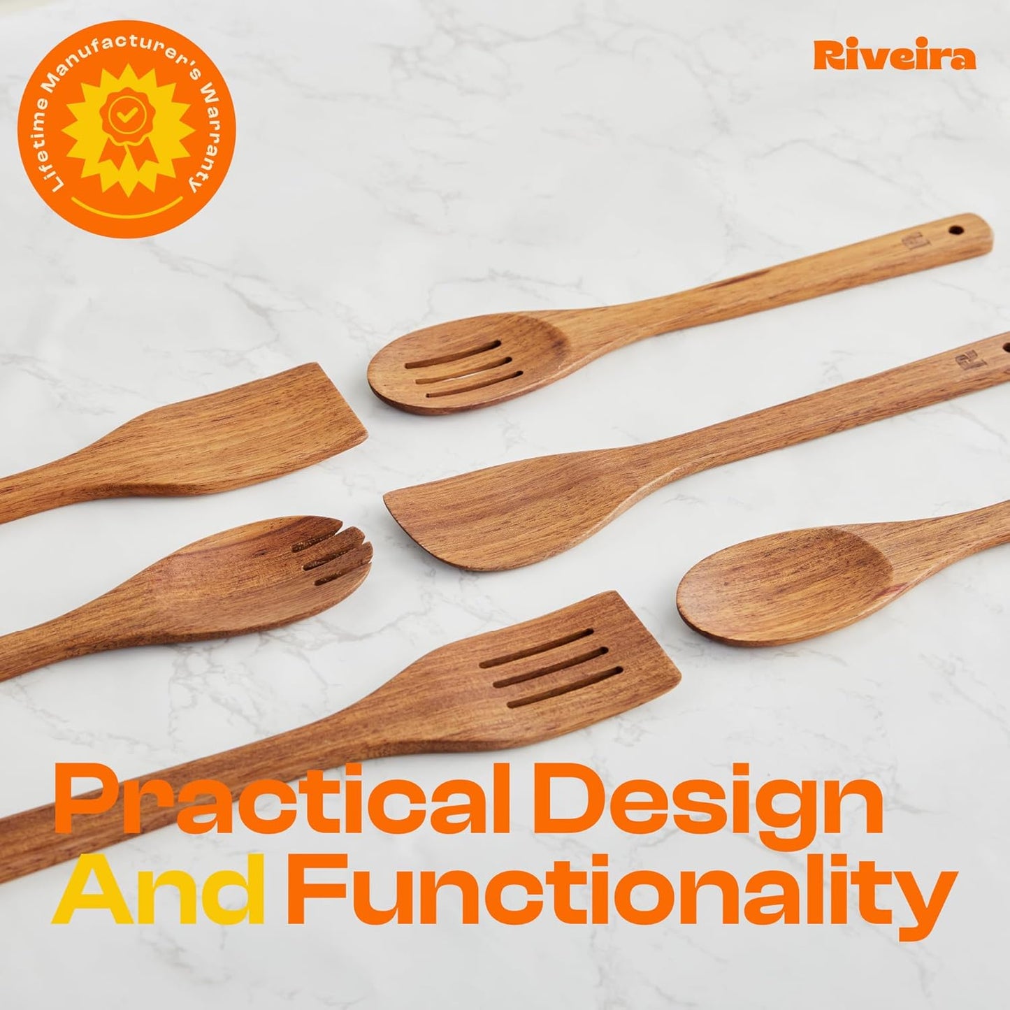 Riveira Teak Wooden Spoons for Cooking Set of 6 – Natural Teak Wooden Cooking Utensils, Wooden Spatula, Wooden Spoon - Premium Quality Utensil Set for Non-Toxic Cooking