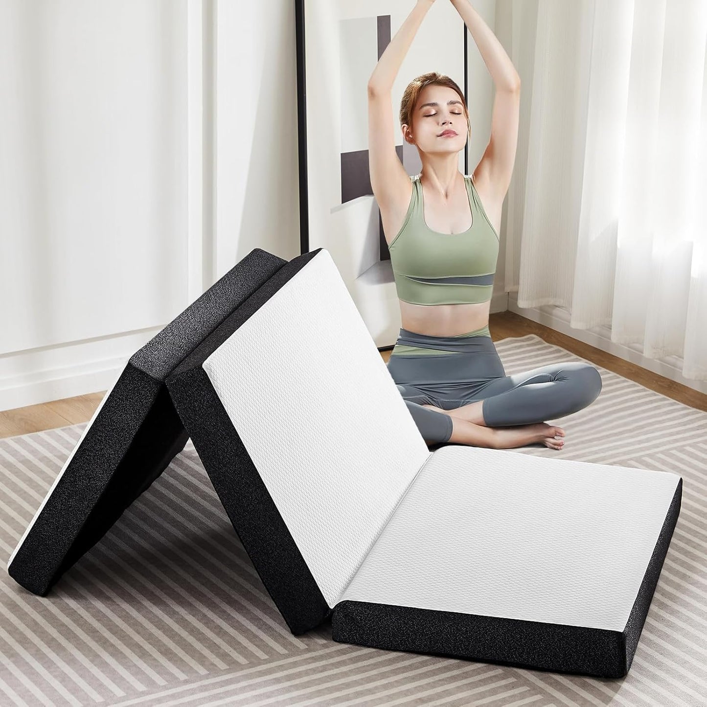 Tri-Fold Twin Memory Foam Pads, 3 inch Folding Topper with Washable Cover, Portable Non-Slip Guest Floor Bed for Camping Travel – Ideal for Overnight Guests, RV, and Outdoor Adventures