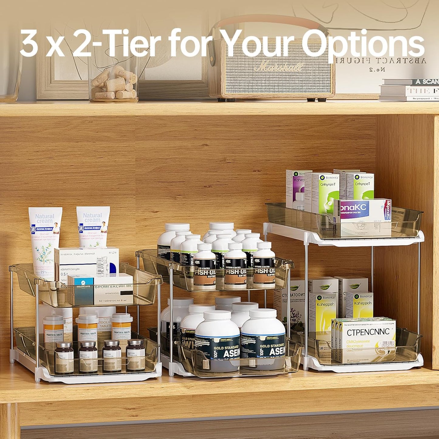 Delamu 2 Pack 3-Tier Bathroom Under Sink Organizers and Storage, Multi-Purpose Stackable Pantry Organization and Storage, Pull Out Clear Kitchen Bathroom Cabinet Organizer with Movable Dividers, Amber
