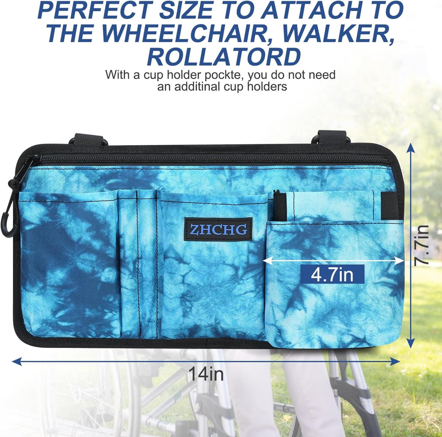 ZHCHG Wheelchair Side Bag with Cup Holder, Wheelchair Armrest Pouch Accessories for Walker, Rollator, Electric Scooter Wheelchairs, Ideal Gift for Mother's Day & Father's Day, Blue