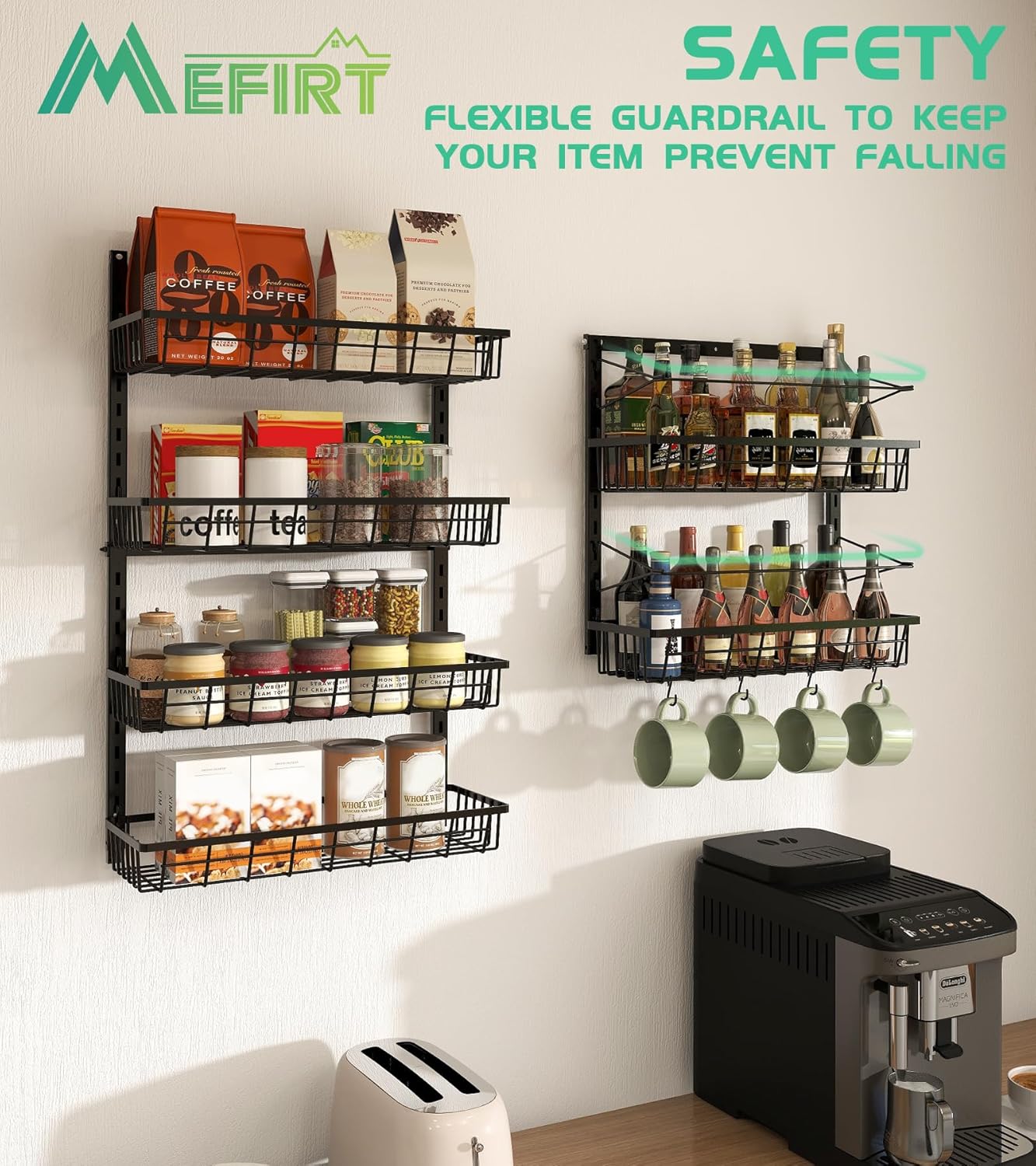 Mefirt Over The Door Pantry Organizer, Pantry Storage and Organization, 6-Tier Adjustable Hanging Baskets, Metal Wall Mount Spice Rack Seasoning Shelves for Home & Kitchen, Laundry Bathroom - Black