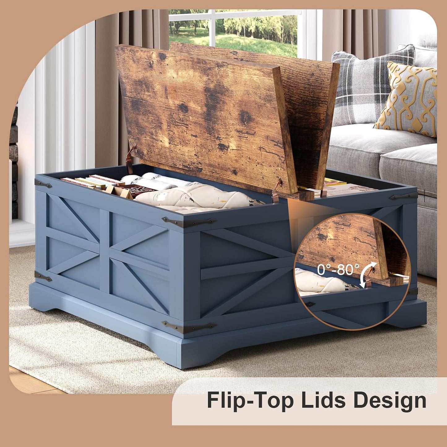 MXV Farmhouse Coffee Table with Storage, Square Coffee Tables for Living Room, Rustic Wood Center Table with Hinged Lifting Tabletop for Home, Blue