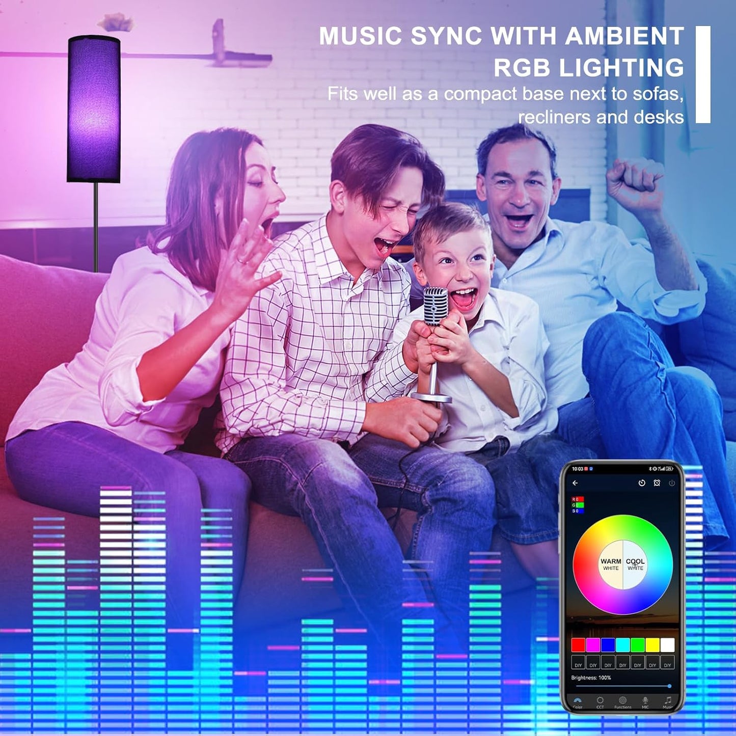 FRIDEKO HOME Floor Lamp, Color Changing Ambient Lighting for Living Room Bedroom, Standing Lamp with App & Remote Control, Tall Corner Lamp for Christmas Home Decor, 9W 800LM, Foot Switch, Black Shade