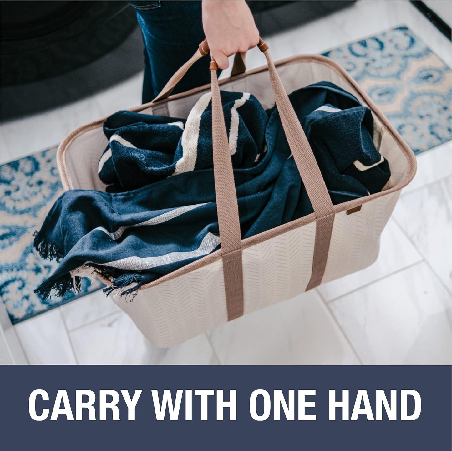 CleverMade Collapsible Laundry Tote LUXE, 50L Carry-All Tote, 2 Pack, Mocha | Bring a Polished Look to Laundry Day | Cotton-Blend Fabric and Vegan Leather Pair with Long Handles and 55 lb Support