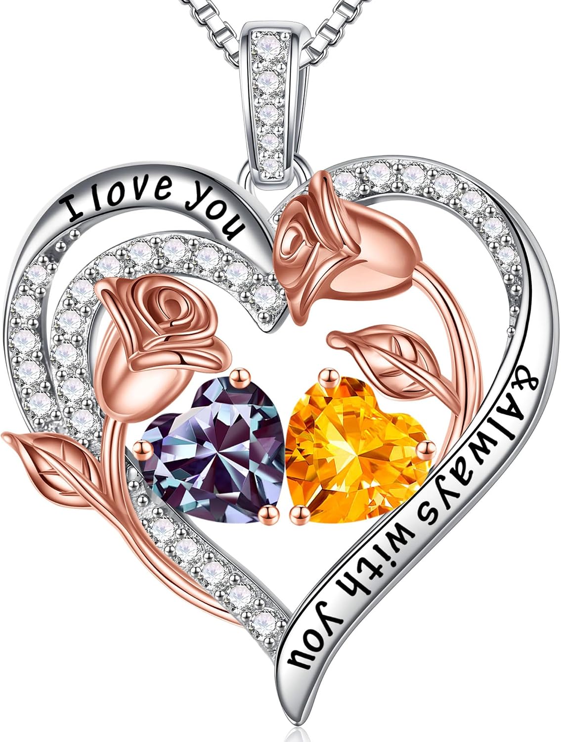 Iefil Birthstone Necklace for Women - Rose Heart Necklace