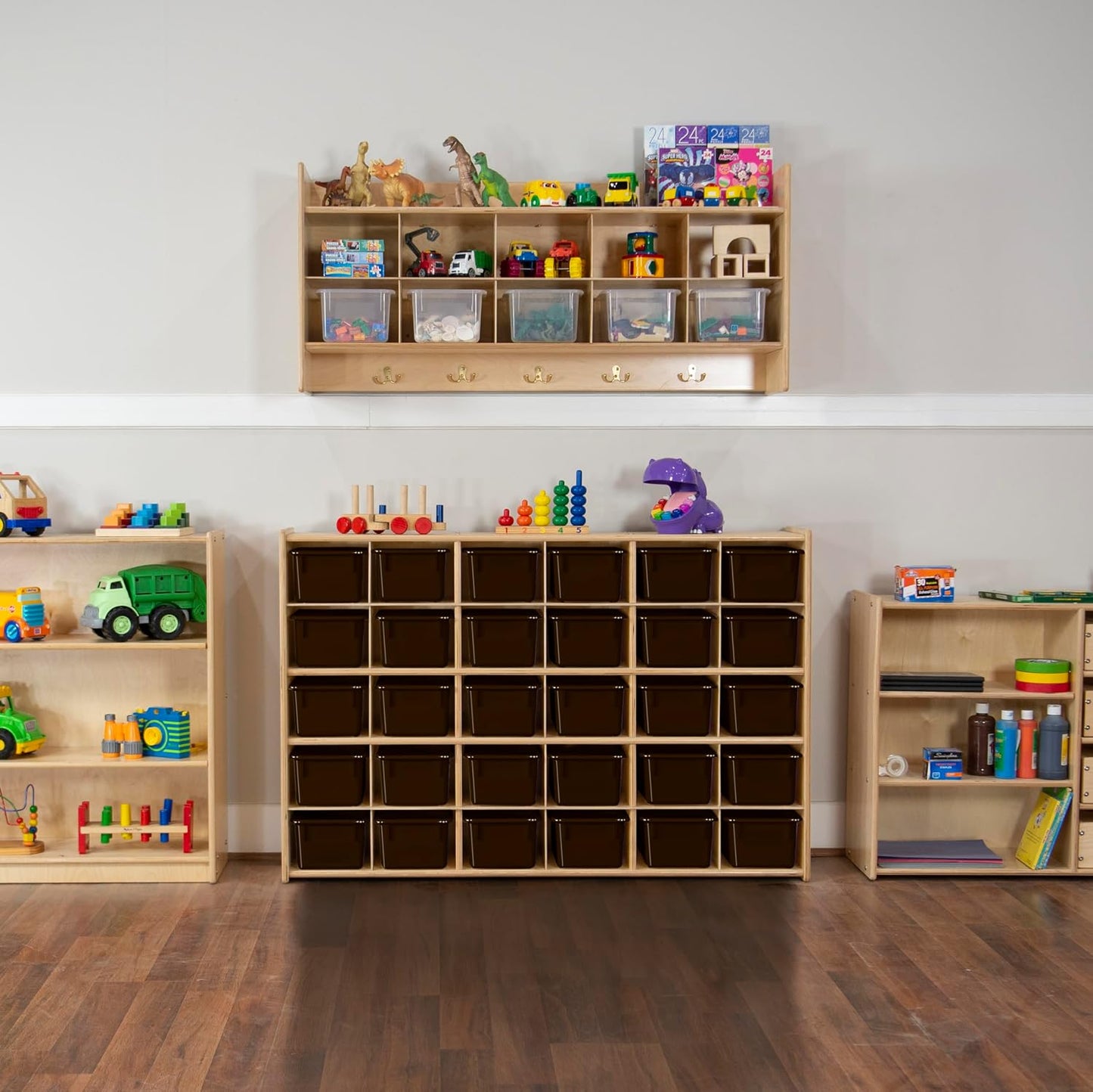 Wood Designs Cubby Storage Bin, Heavy Duty Plastic Containers for Kids Brown Cubby Tray Set of 20