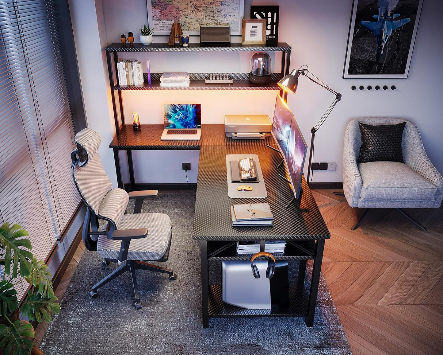 ODK 53" L Shaped Gaming Desk with Hutch & Headphone Hook, Corner Computer Table with Storage Shelves for Home Office, Black
