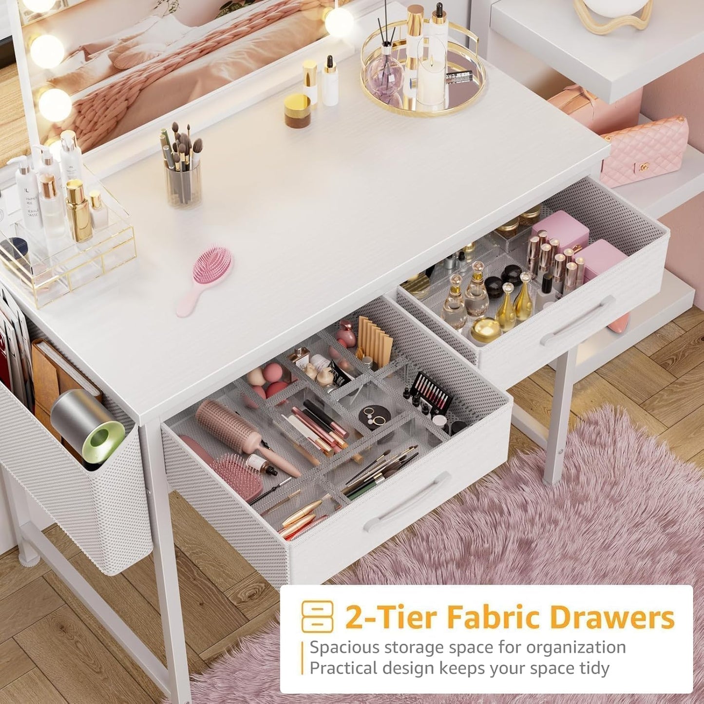 DLisiting White Desk with Storage Drawers - 39 Inch Small Computer Desk with Drawers for Bedroom Home Office, Study Writing Vanity Table Without Mirror for Girls Small Spaces