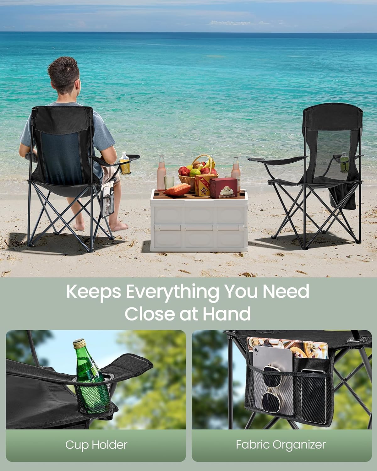 SONGMICS 2 Pack Breathable Camping Chairs, 330 lb Capacity Foldable Outdoor Chairs, High Back, Adjustable Armrests & Cup Holder, for Sports Garden Backyard, Ink Black UGCB028B02