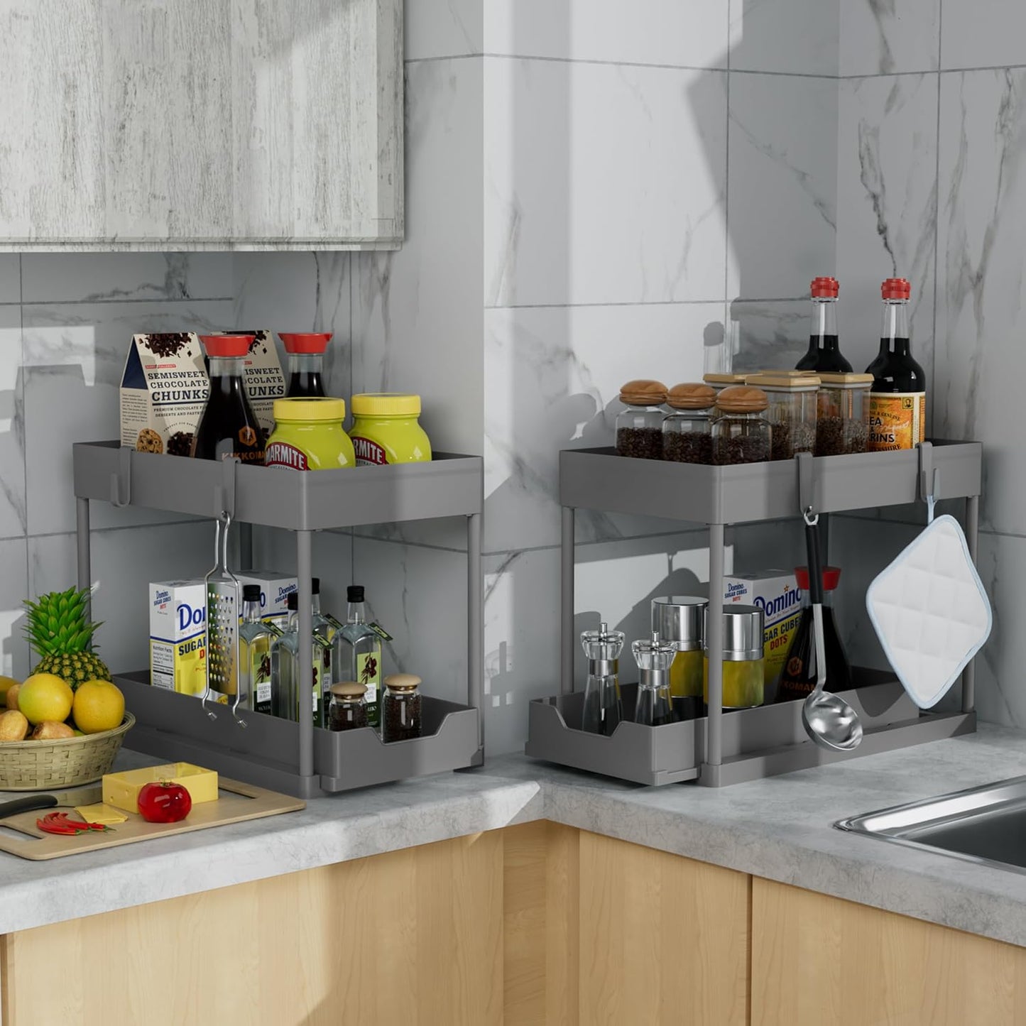 DEKAVA Under Sink Organizer 2 Pack，Bathroom Cabinet Organizer，2 Tier Sliding Cabinet Basket Organizer Drawer, Multi-Purpose Bath Collection Baskets for Bathroom (Grey)