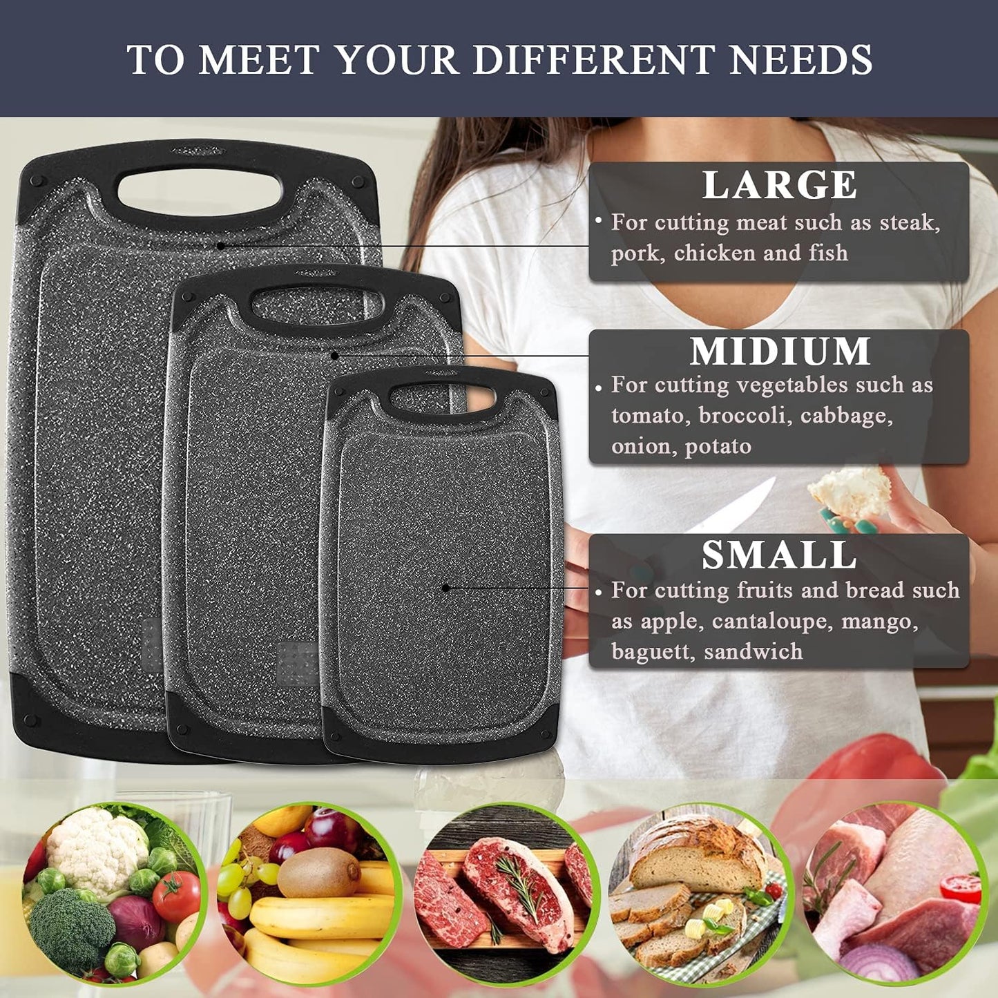 Viretang Plastic Cutting Boards Set of 3 for Kitchen, Thick Chopping Board with Deep Juice Grooves, Non‑Slip Feet, Easy Grip Handle, BPA Free, Dishwasher Safe,Black