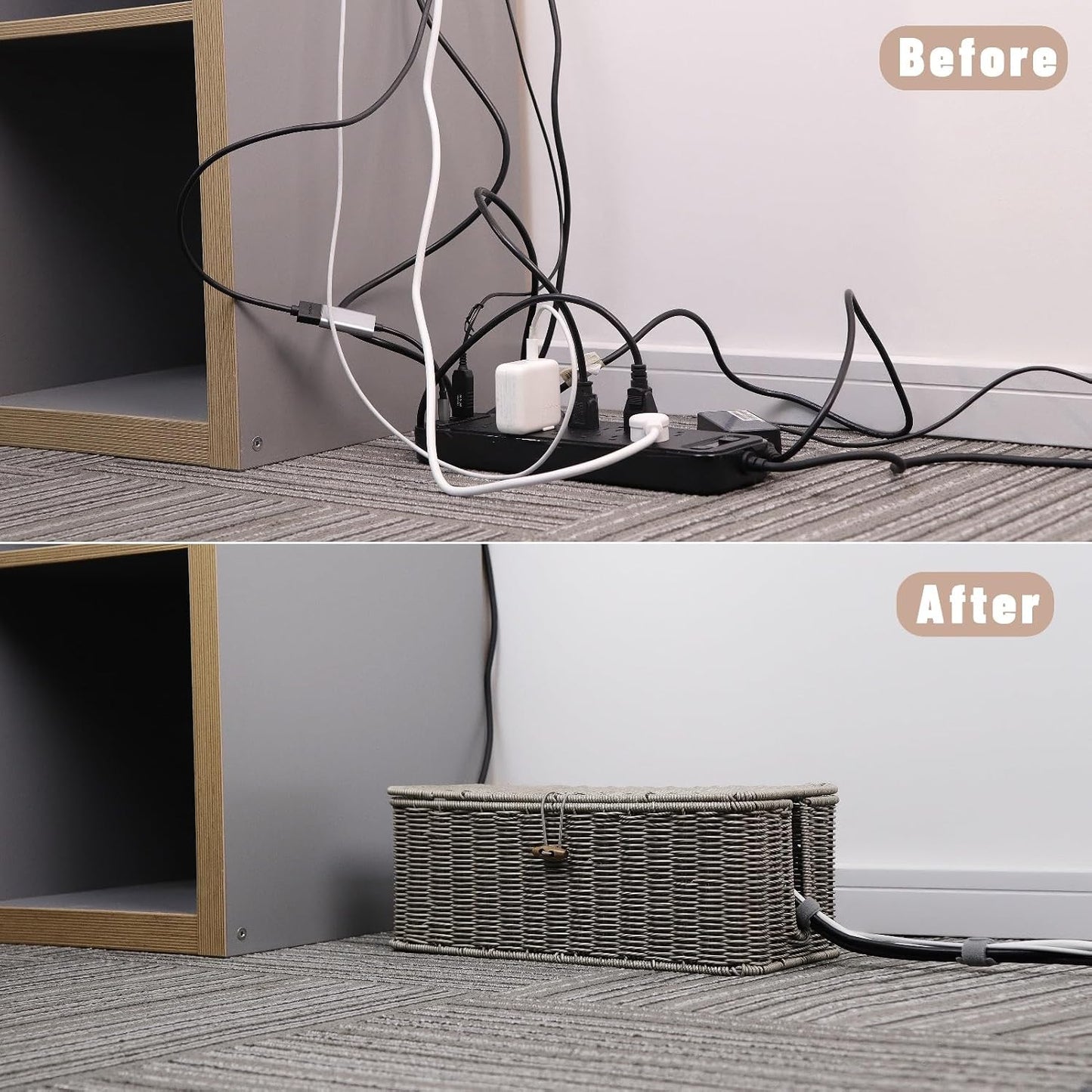 Cable Management Box, Cord Organizer with Lid & Cable Ties - Gray, L | Handmade Open Slots Cord Hider Outlet Covers for Power Strip TV PC Router Charger Under Desk Storage