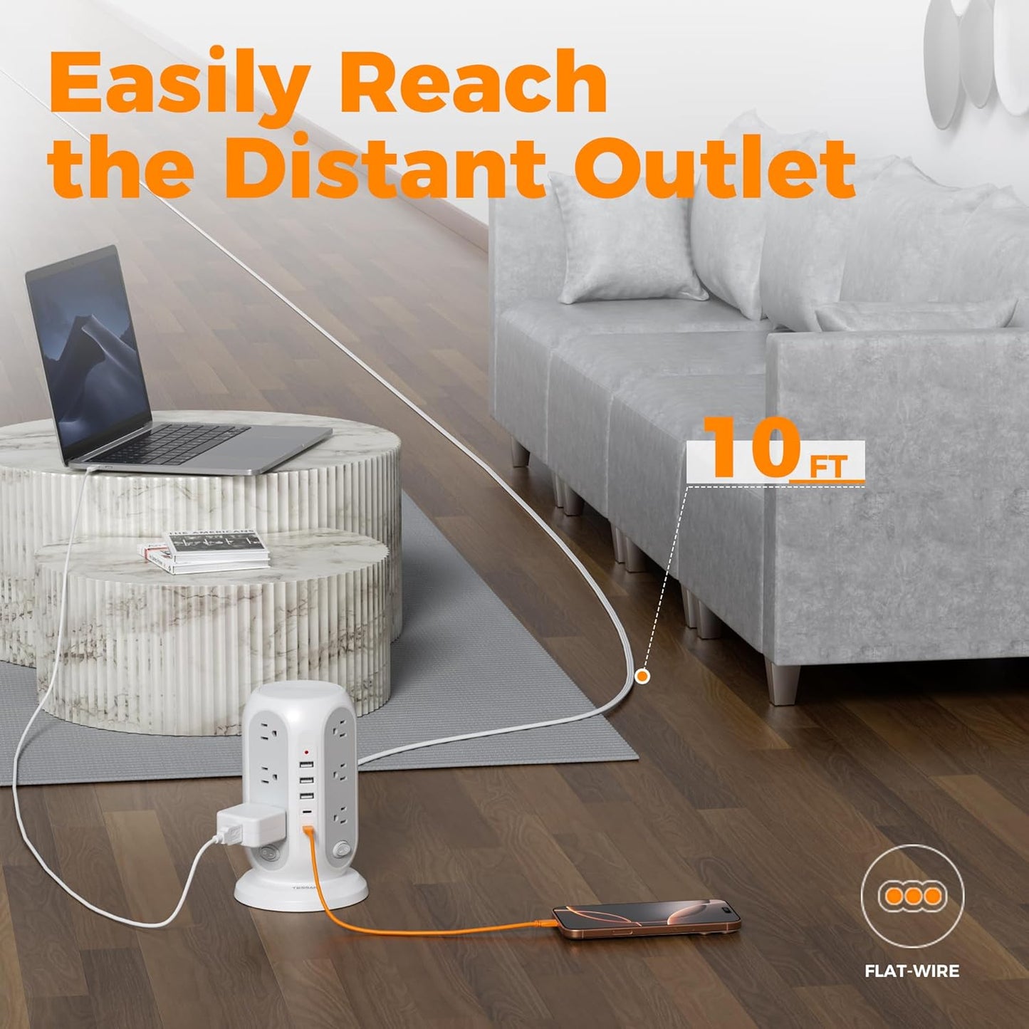 TESSAN Tower Power Strip with Individual Switches, 12 Outlets and 5 USB Ports(2 USB C), Flat Extension Cord 10 Ft, 1250W, Charging Station for Multiple Devices, Office, Dorm, Grey