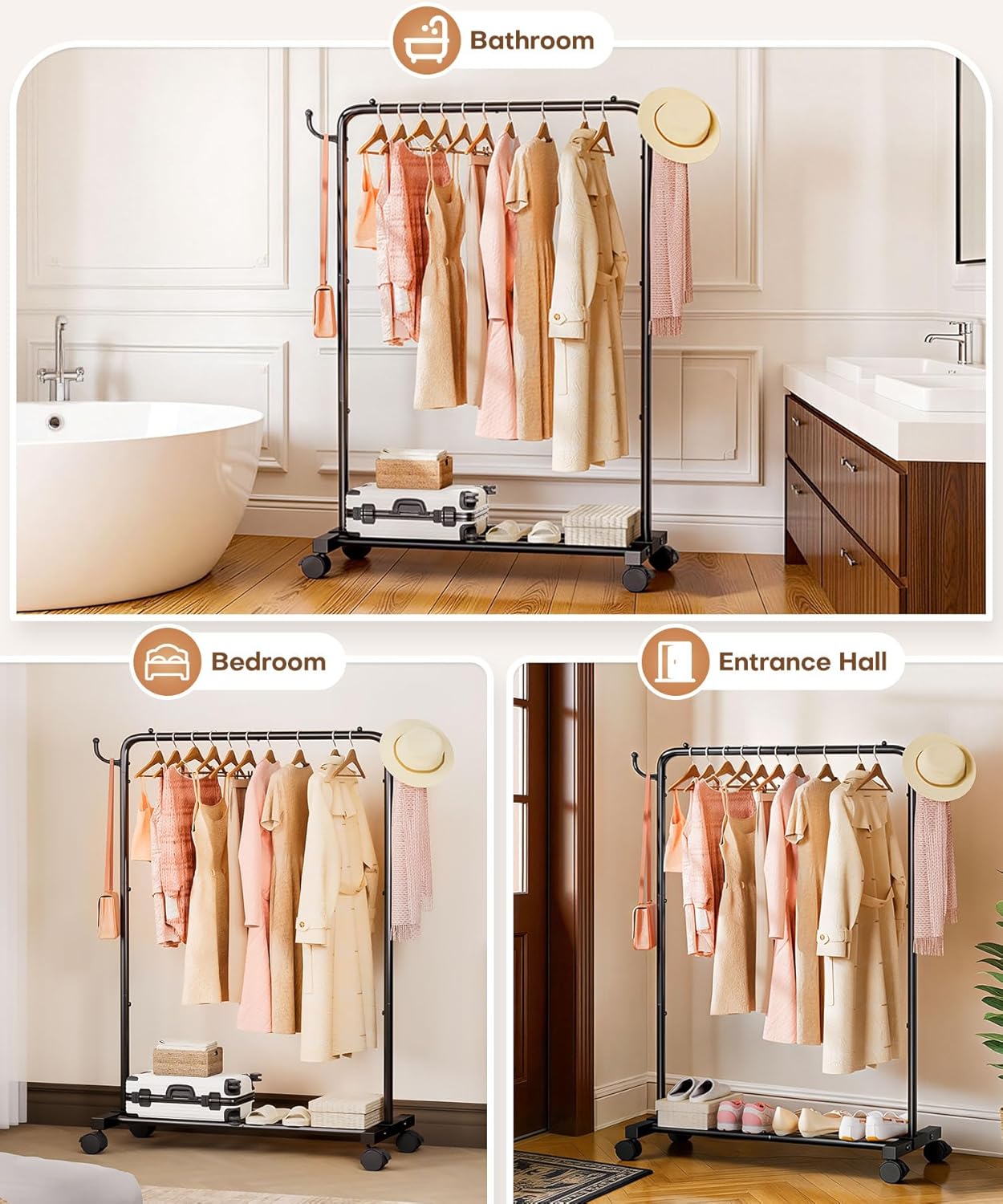 Homde Rolling Clothes Rack with Hooks: Standing Garment Storage for Indoor - Hanging Rod for Bedroom Laundry Room - Coat Dress Organizer on Wheels with luggage shelf (Black, 31.5")