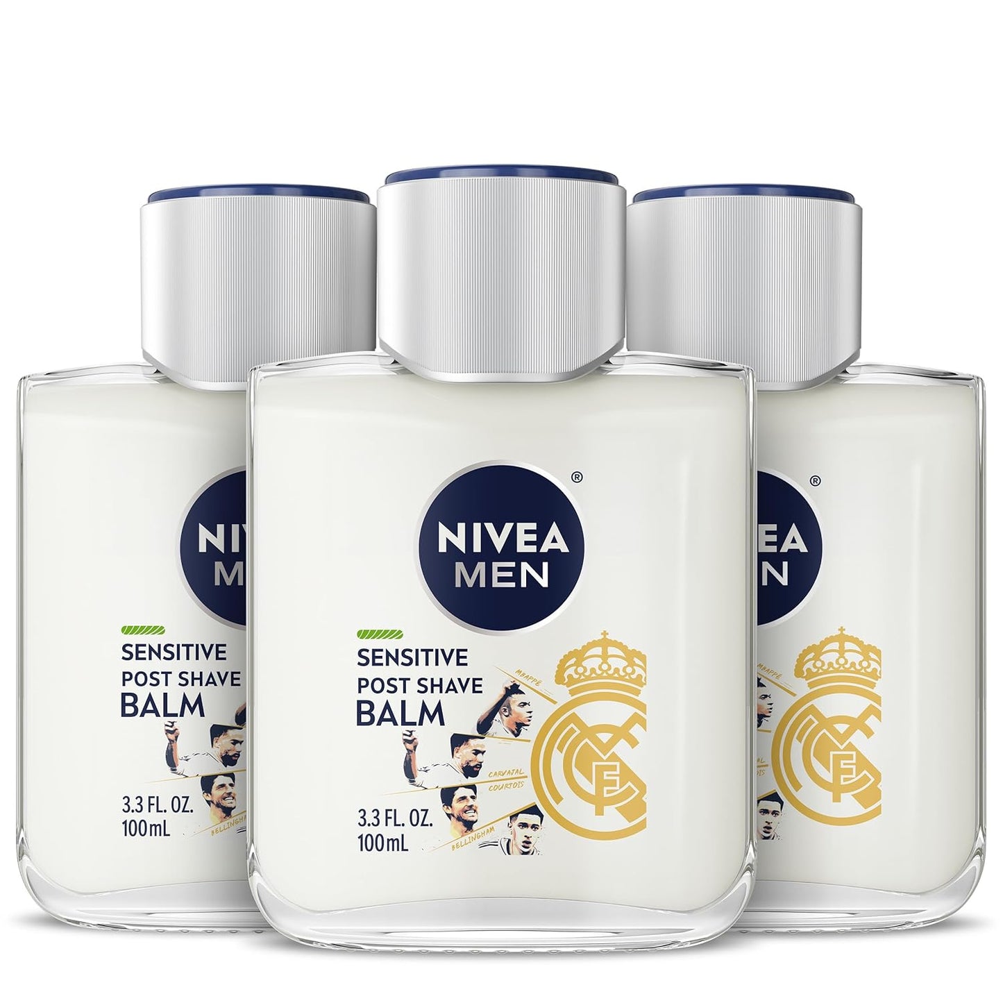 NIVEA MEN Real Madrid Limited Edition Design Sensitive Post Shave Balm, with VitaminPro Complex, Alcohol Free After Shave Balm for Men, 3.3 Fl Oz Bottle, Pack of 3